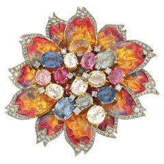 Retro Tiffany & Co Multicolor Sapphire and Enamel Flower Brooch