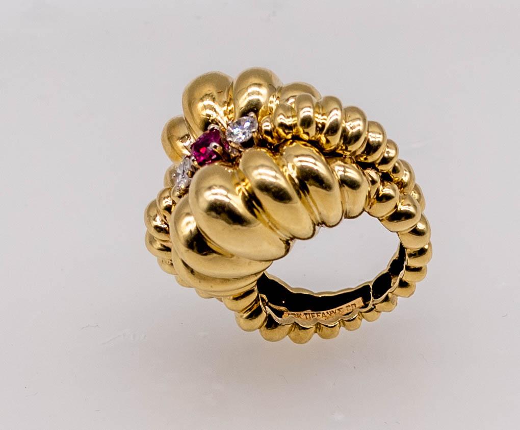 Tiffany & Co. Multi-Dome Gold Ruby Diamond Ring In Excellent Condition In New York, NY