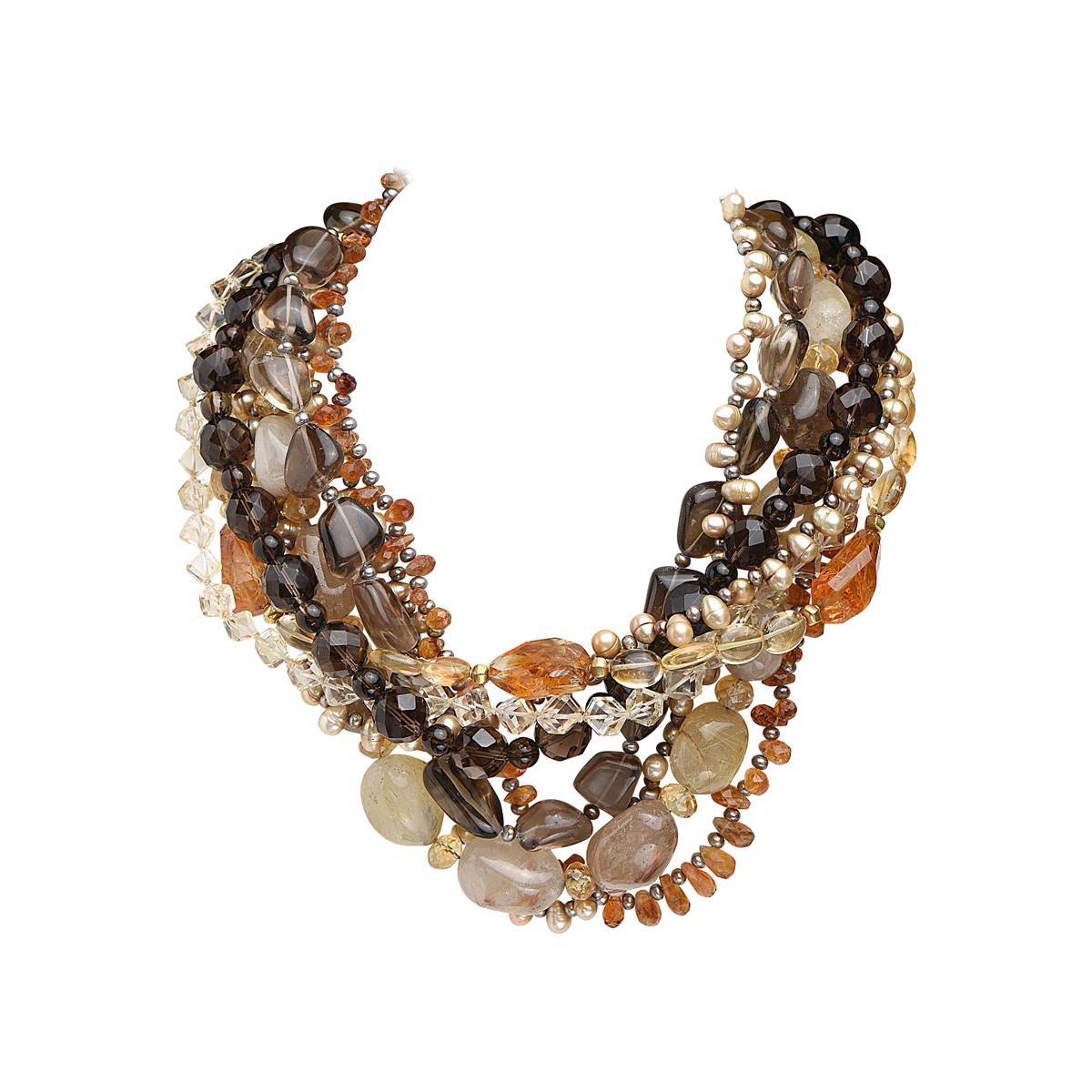 Tiffany & Co. Multistrand 18K Gold, Rutilated Quartz and Gem-Set Bead Necklace