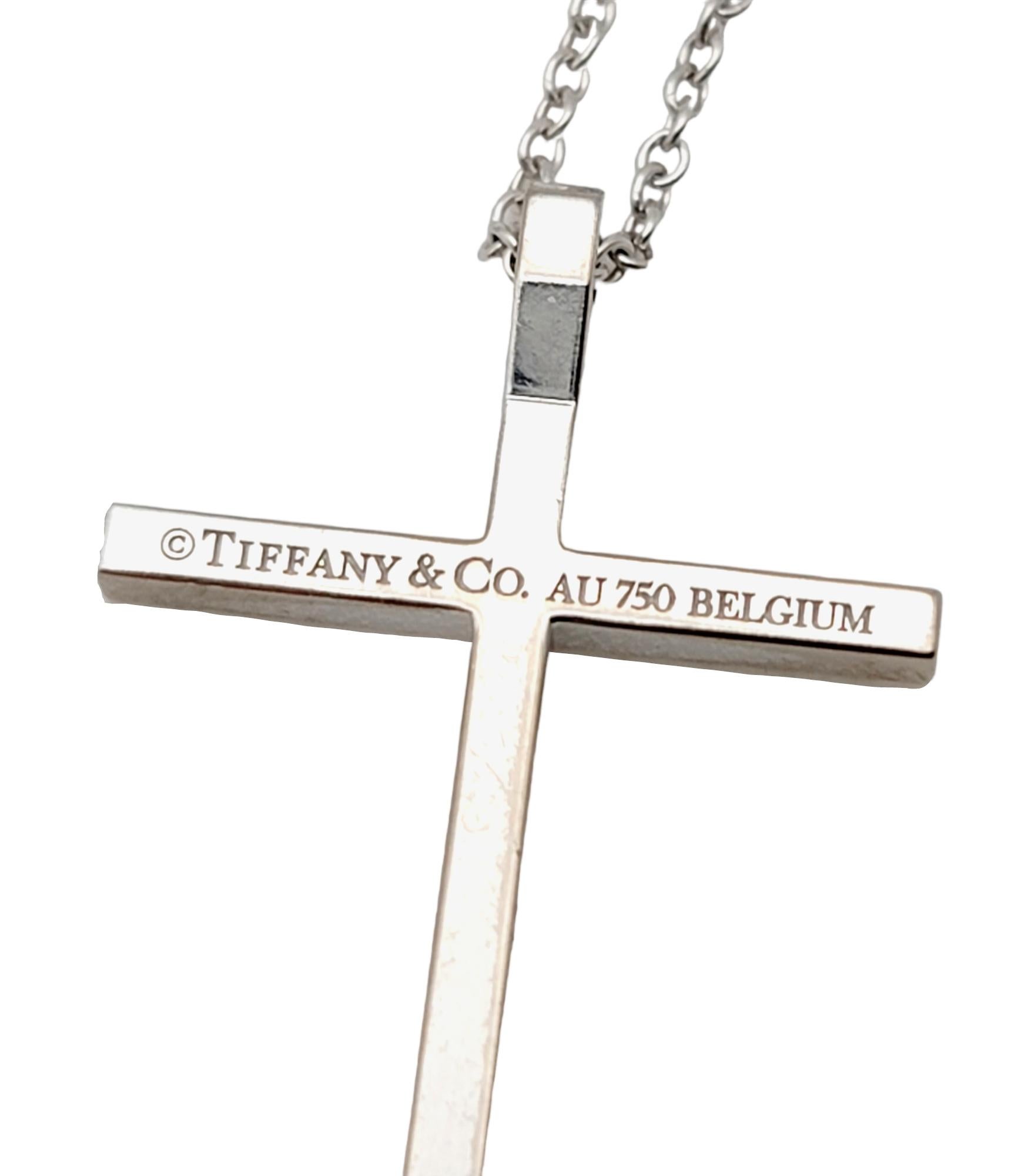 Round Cut Tiffany & Co. Narrow Cross Pendant Necklace with Diamonds in 18 Karat White Gold For Sale