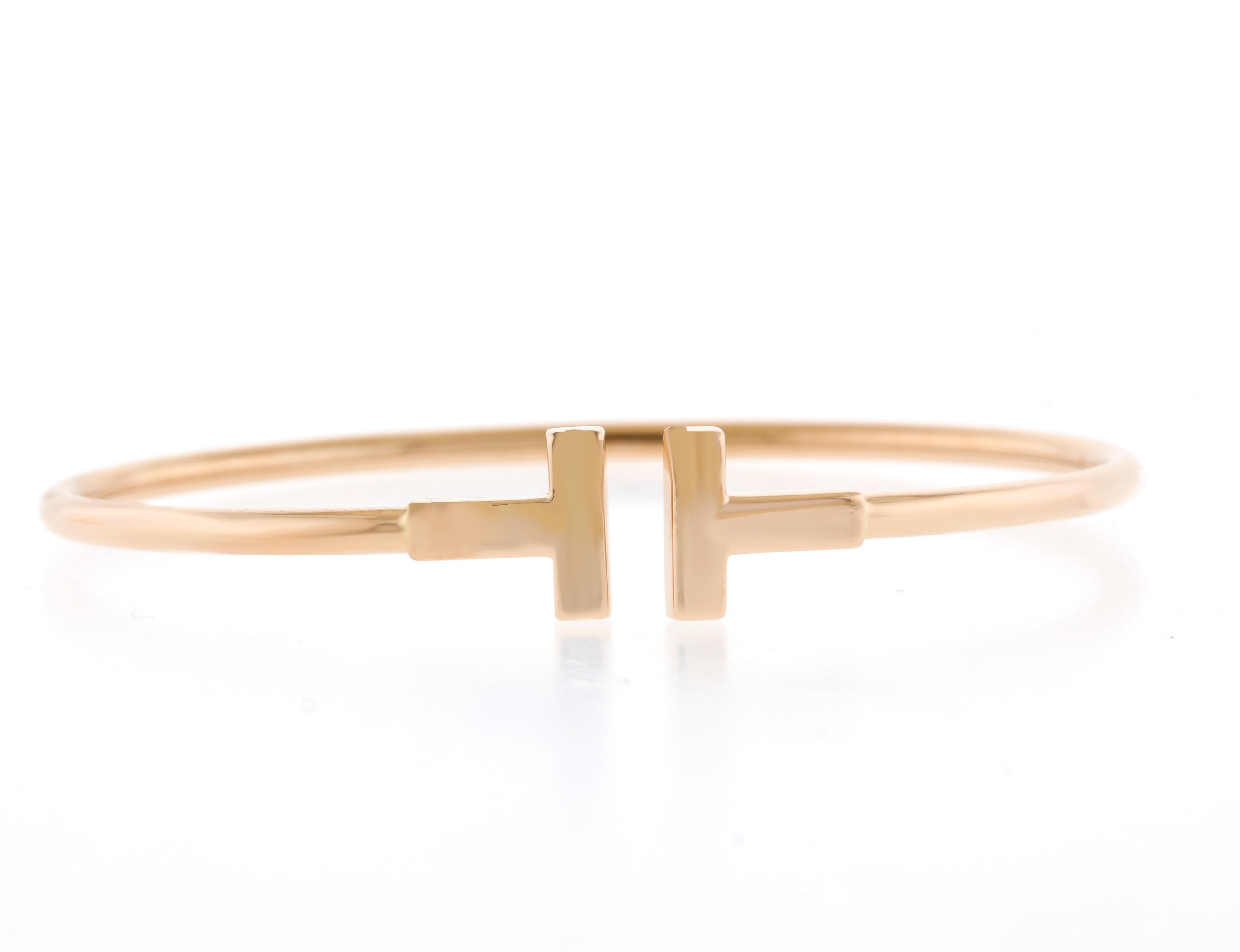 Tiffany & Co Narrow  T  Bangle Bracelet, Rose Gold In Excellent Condition For Sale In Bethesda, MD