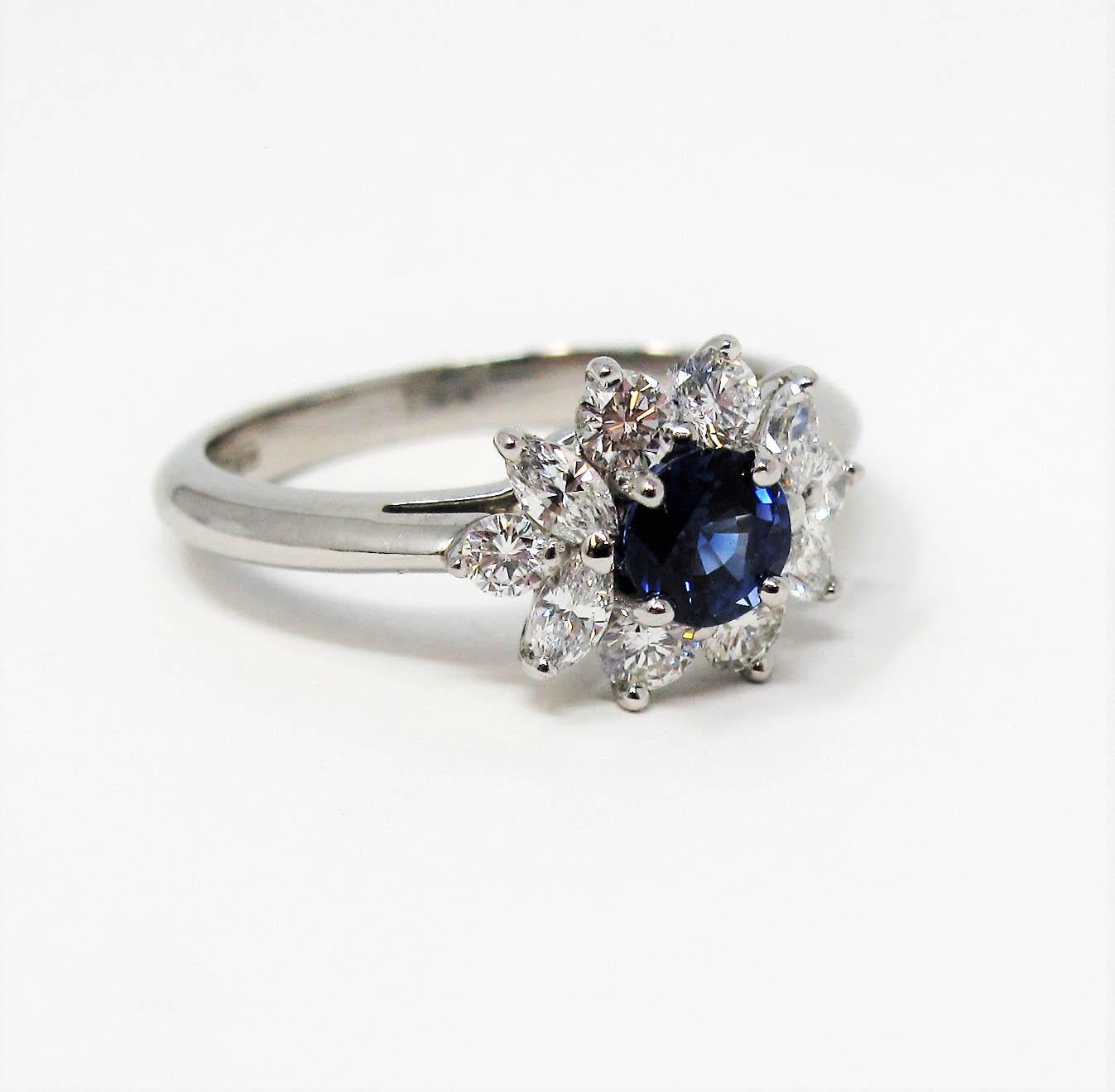 Round Cut Tiffany & Co. Natural Untreated Sapphire and Diamond Halo Ring in Platinum