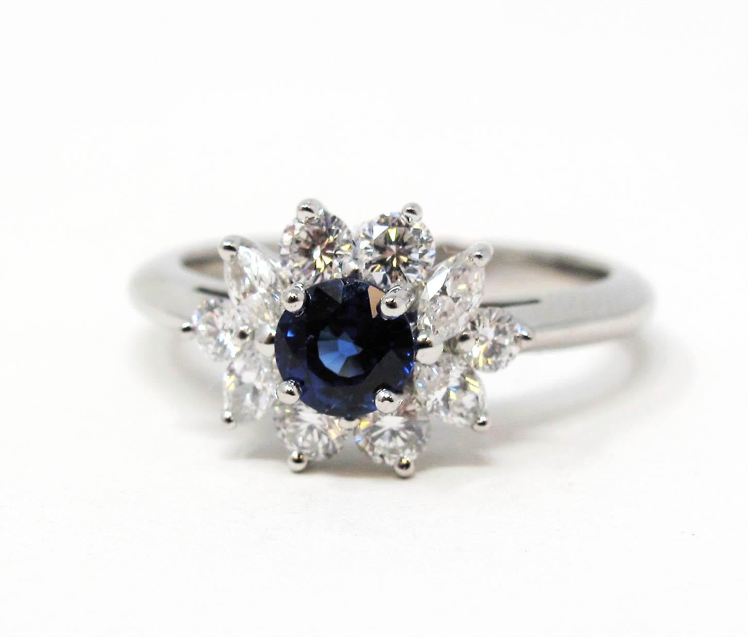 Tiffany & Co. Natural Untreated Sapphire and Diamond Halo Ring in Platinum In Excellent Condition In Scottsdale, AZ