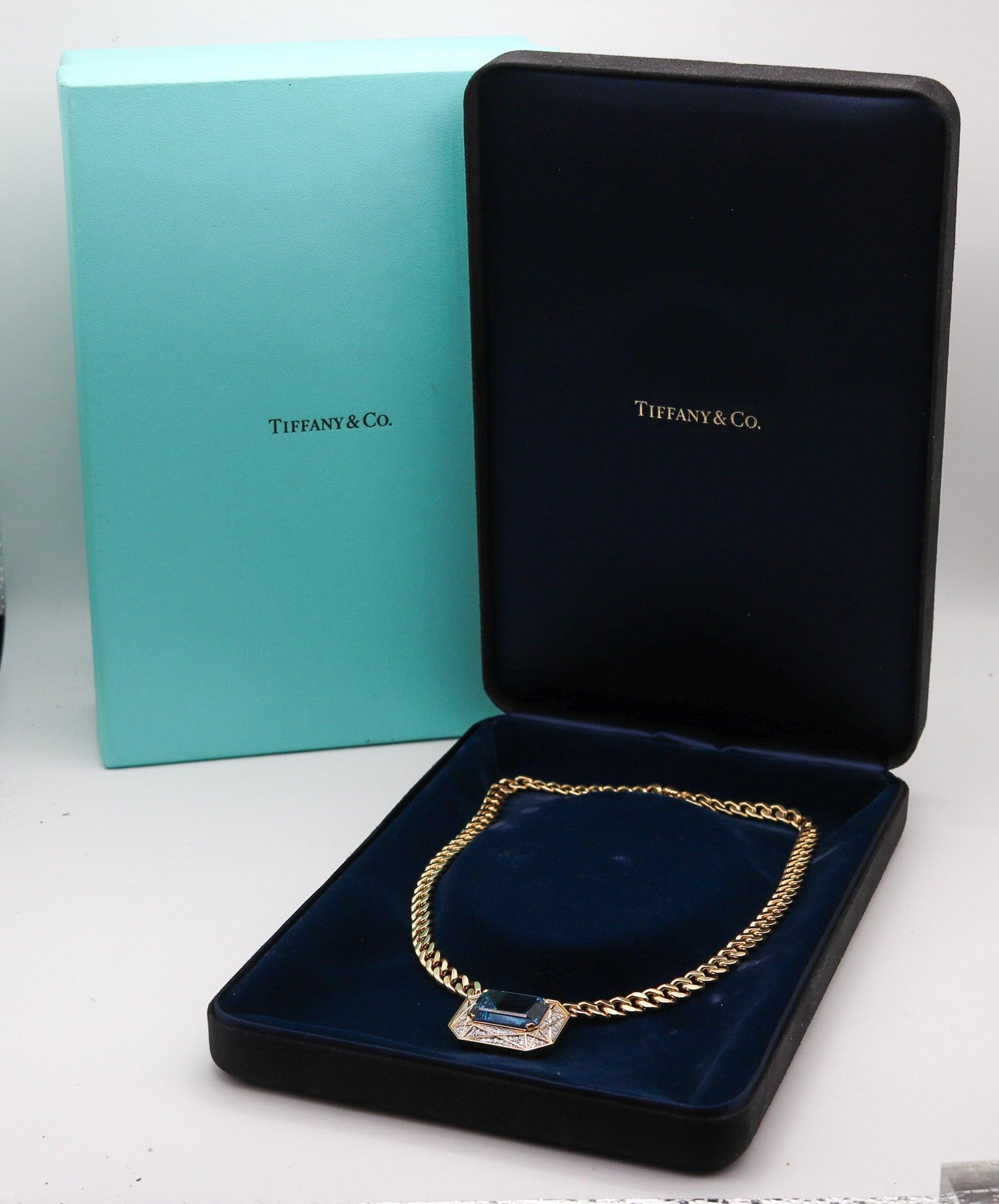 Taille brillant TIFFANY & CO. Collier en or jaune 18Kt Platine VS Diamants et Aigue-marine en vente