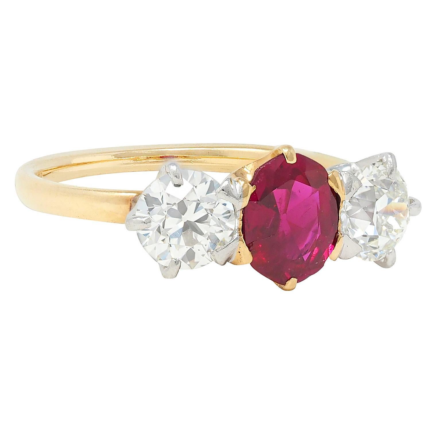 Victorian Tiffany & Co. No Heat Burma Ruby Diamond Platinum 18K Yellow Gold Antique Ring For Sale
