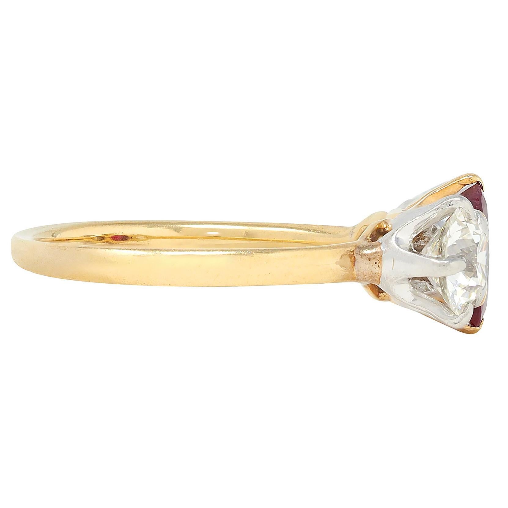 Oval Cut Tiffany & Co. No Heat Burma Ruby Diamond Platinum 18K Yellow Gold Antique Ring For Sale