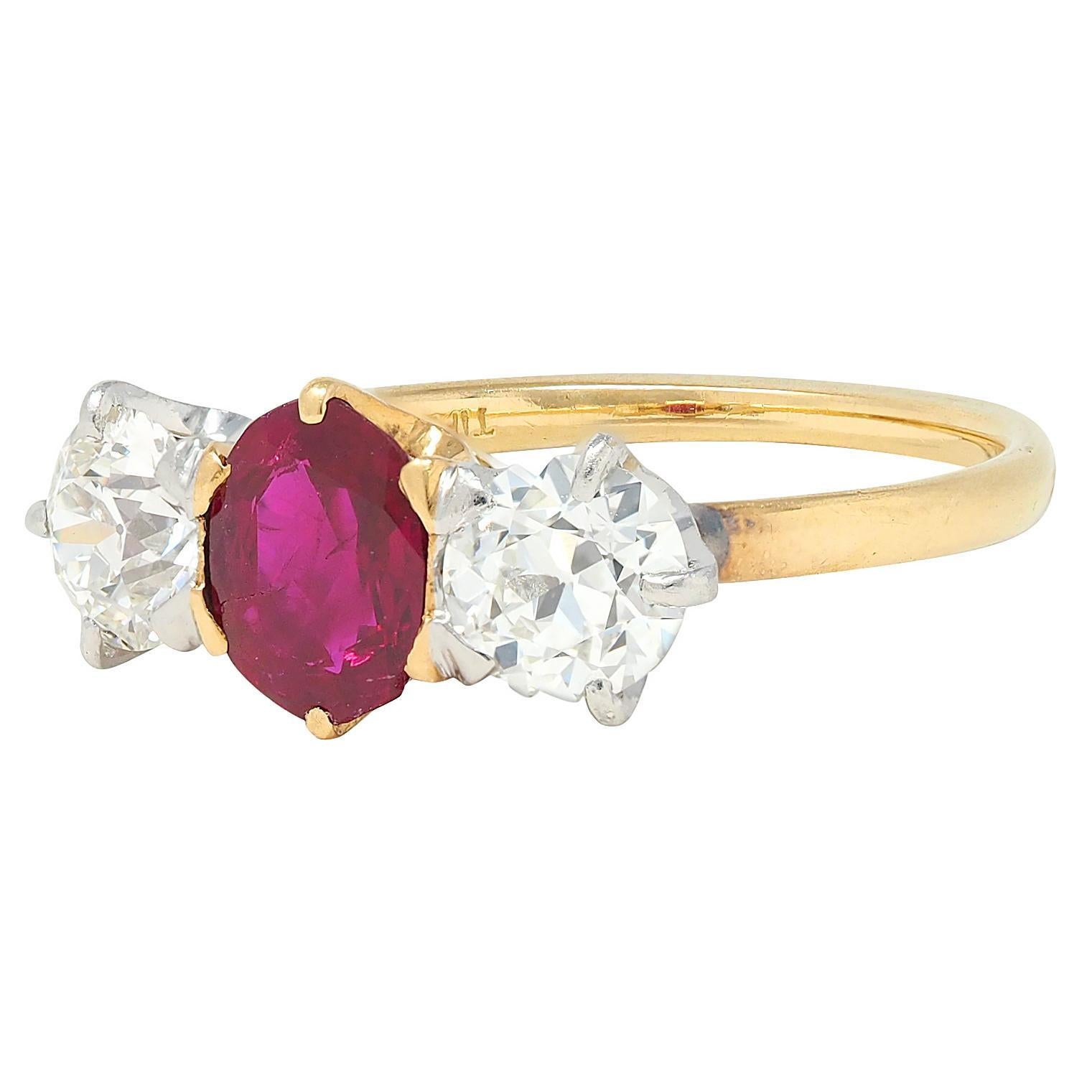 Tiffany & Co. No Heat Burma Ruby Diamond Platinum 18K Yellow Gold Antique Ring For Sale 1