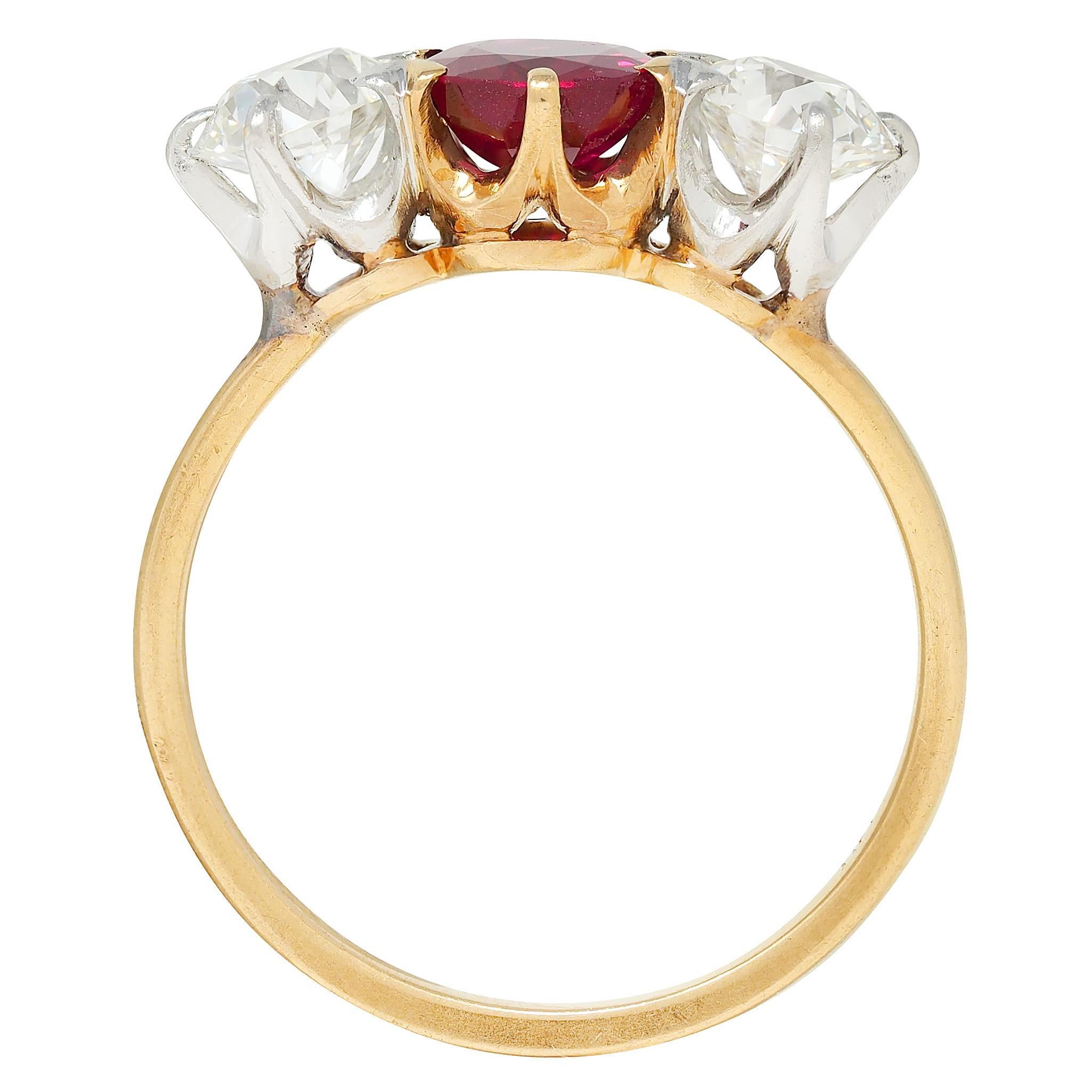 Tiffany & Co. No Heat Burma Ruby Diamond Platinum 18K Yellow Gold Antique Ring For Sale 2