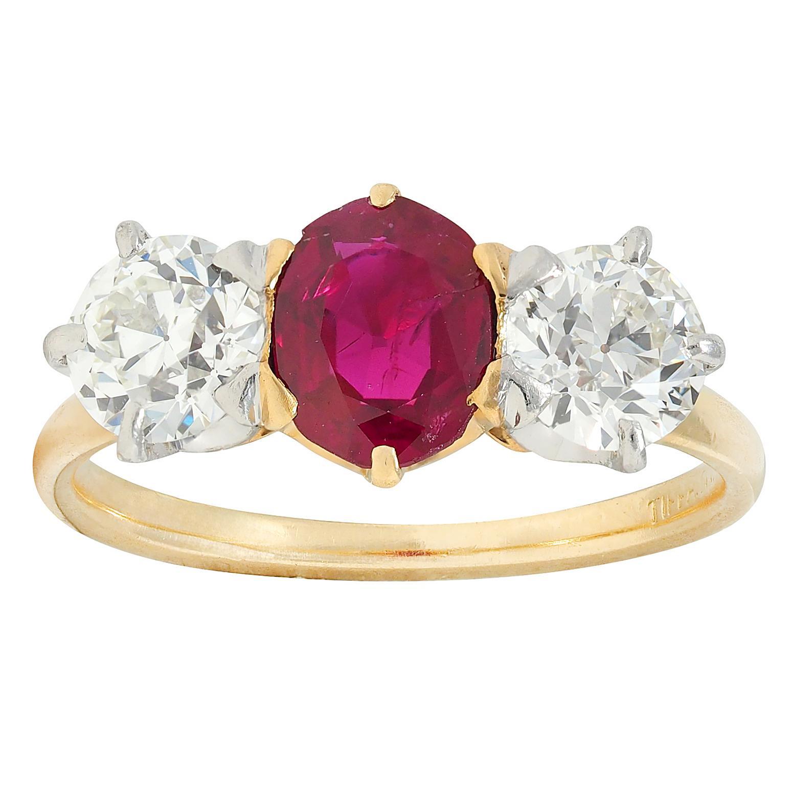 Tiffany & Co. No Heat Burma Ruby Diamond Platinum 18K Yellow Gold Antique Ring For Sale
