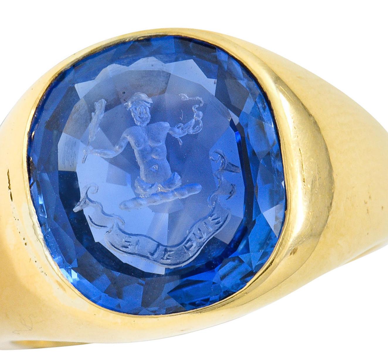 Cushion Cut Tiffany & Co. No Heat Ceylon Sapphire Intaglio 18K Gold Hercules Signet Ring