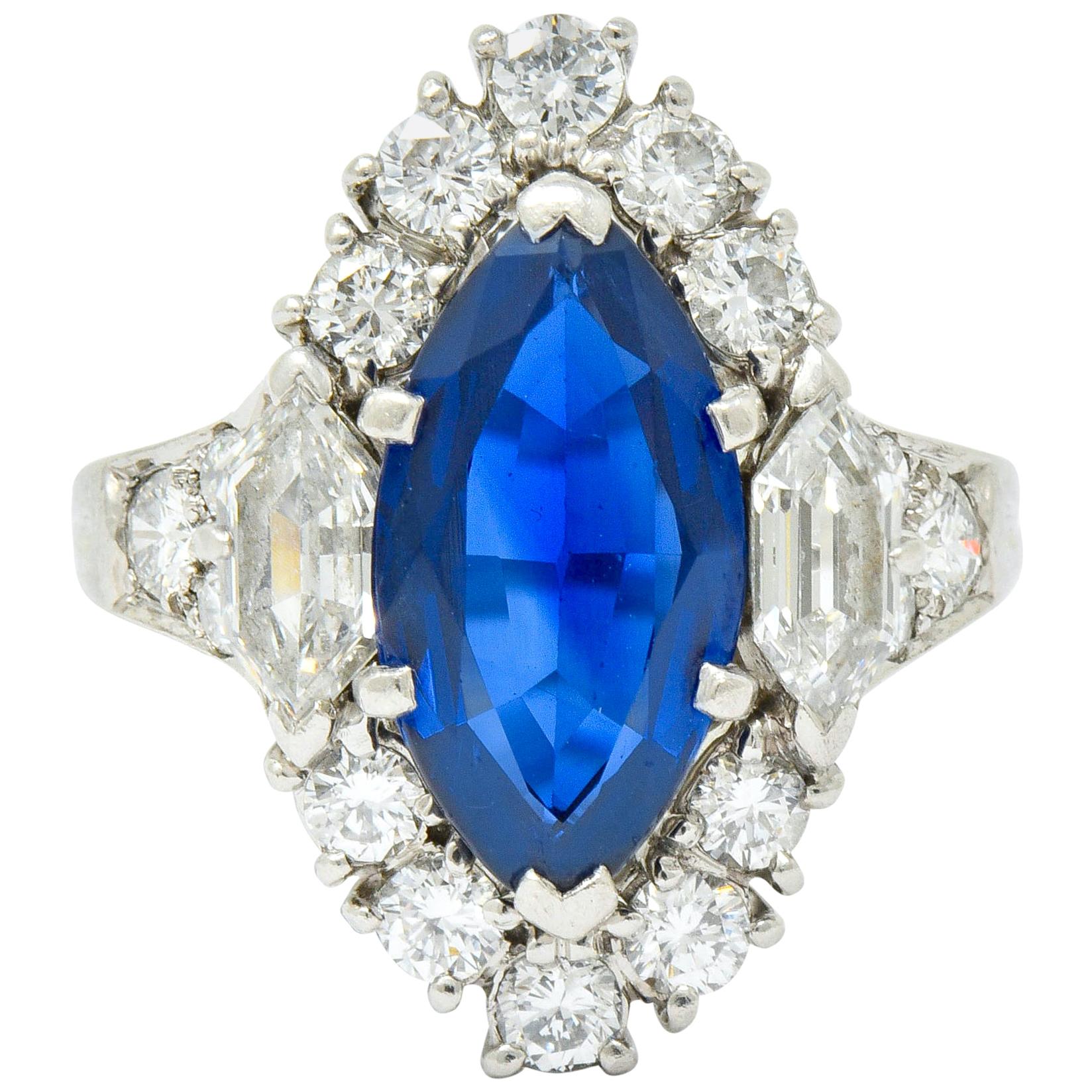 Tiffany & Co. No Heat Sapphire Diamond Platinum Navette Cluster Ring AGL