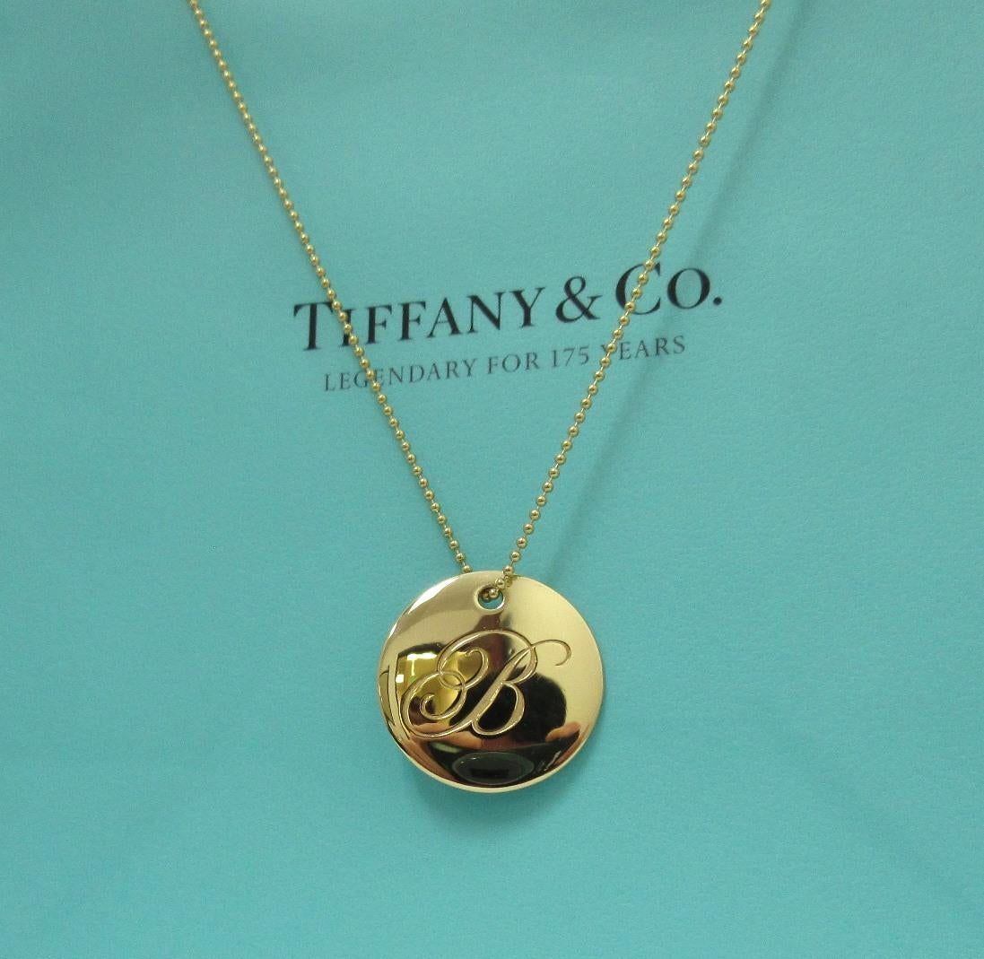 Women's TIFFANY & Co. Notes 18K Gold Alphabet Letter B Disc Round Pendant Necklace LARGE