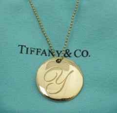 TIFFANY & Co. Notes 18K Gold Alphabet Letter Y Disc Round Pendant Necklace LARGE