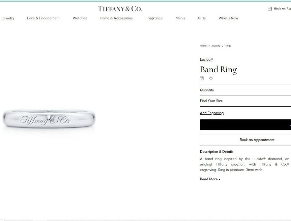 TIFFANY & Co. Notes Platinum 3mm Lucida Wedding Band Ring 5 For Sale 1