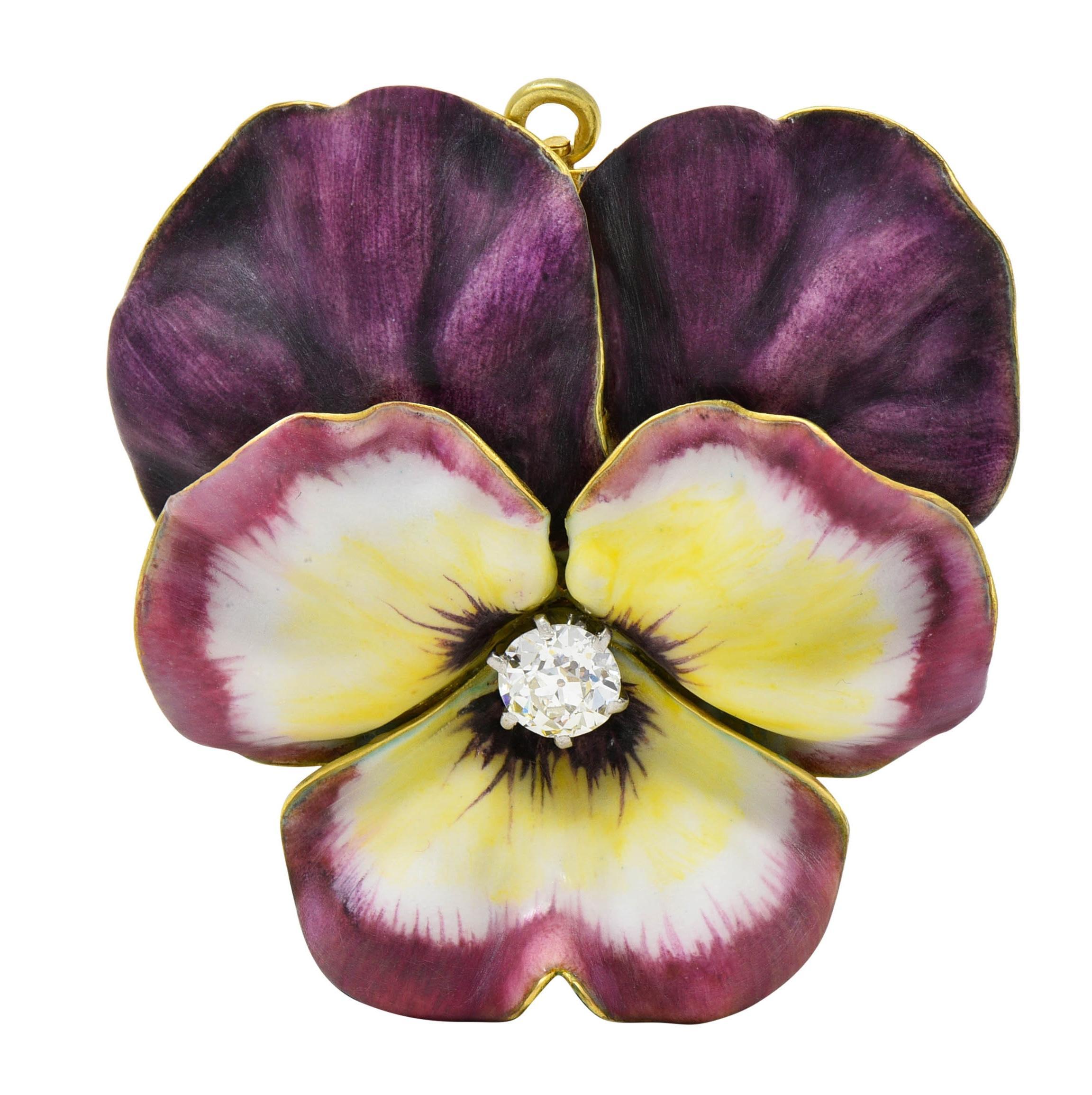 Art Nouveau Tiffany & Co Nouveau Diamond Enamel 14K Gold Pansy Flower Antique Pendant Brooch For Sale
