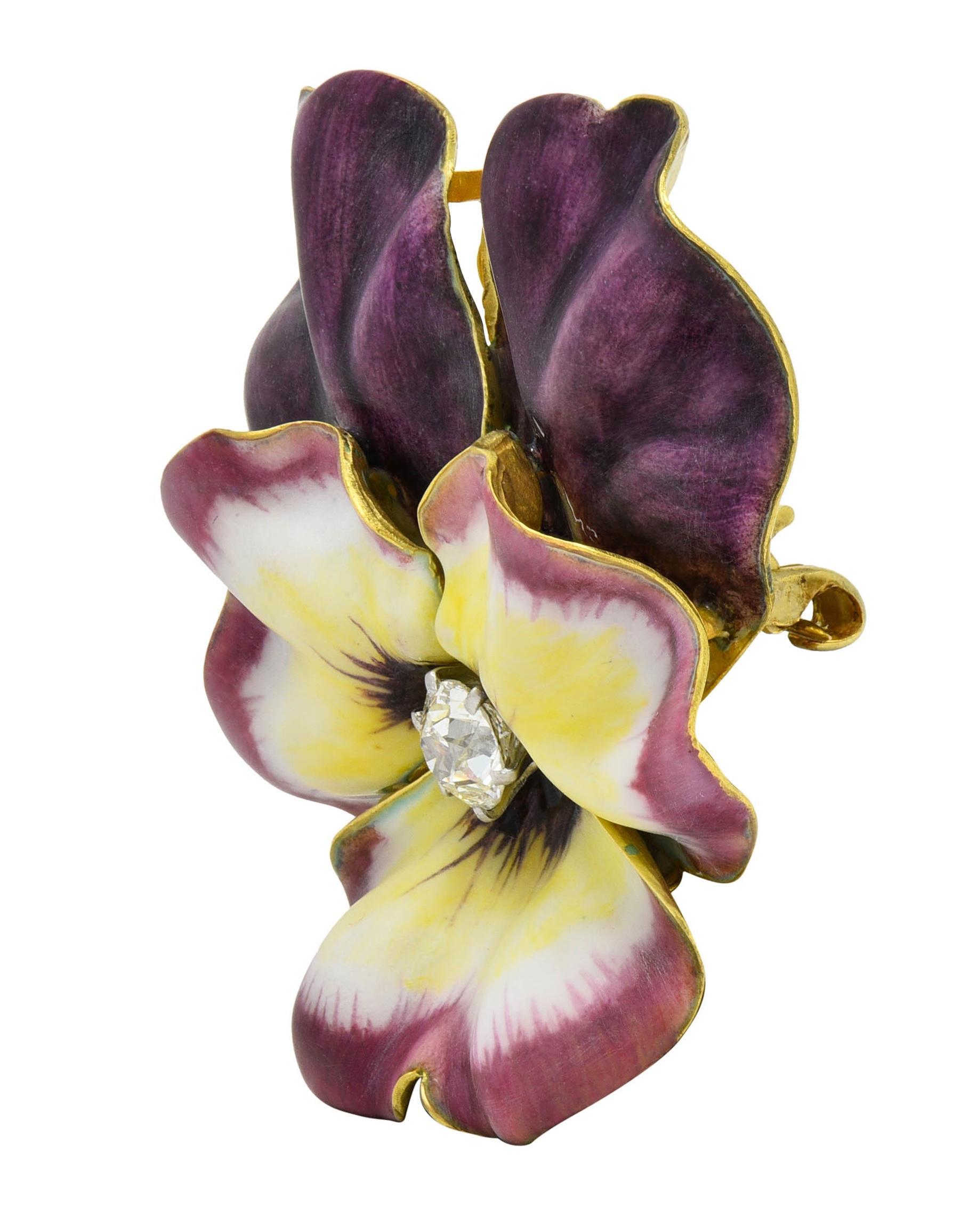 Round Cut Tiffany & Co Nouveau Diamond Enamel 14K Gold Pansy Flower Antique Pendant Brooch For Sale