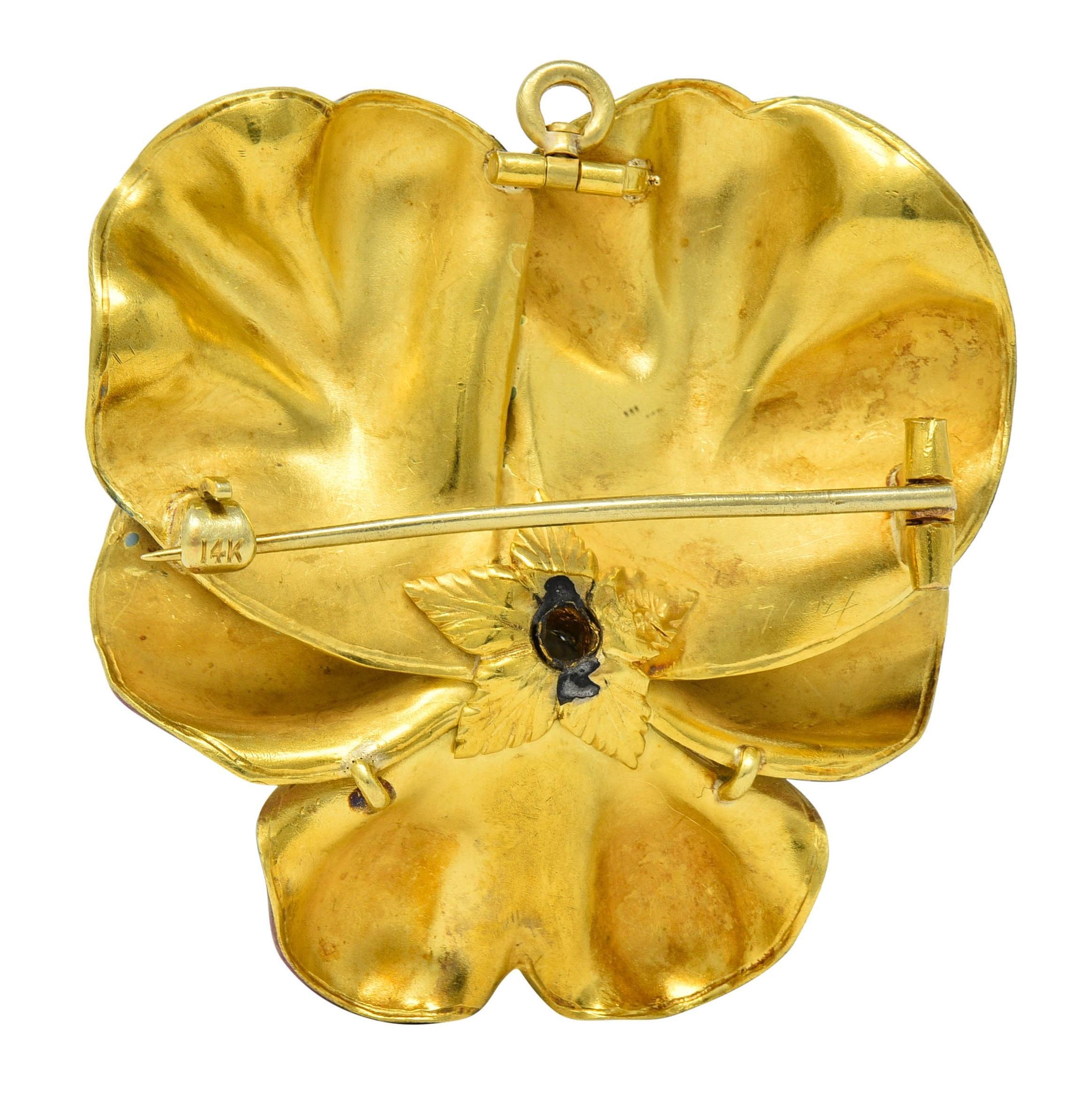 Tiffany & Co Nouveau Diamond Enamel 14K Gold Pansy Flower Antique Pendant Brooch In Excellent Condition For Sale In Philadelphia, PA
