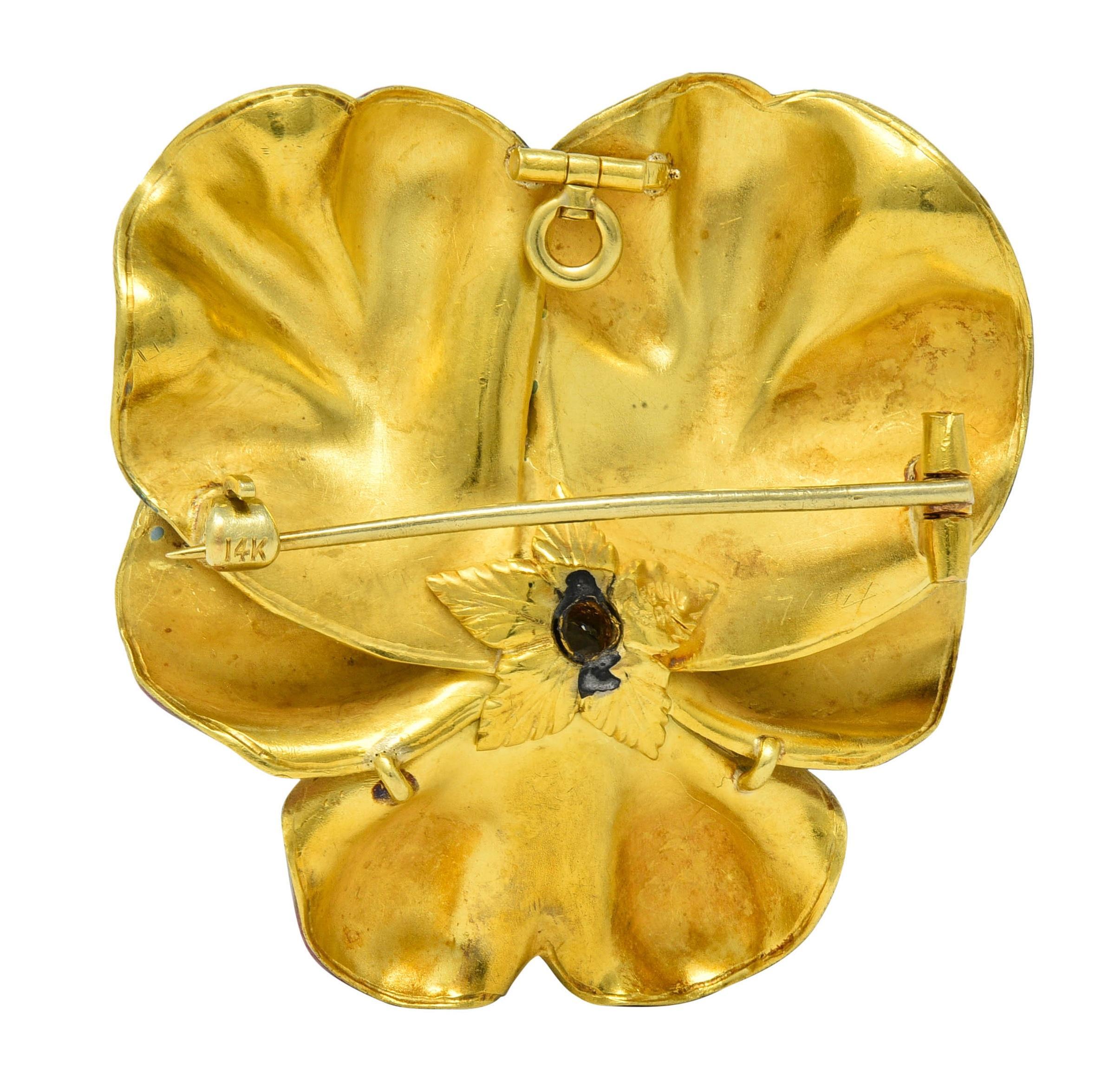 Women's or Men's Tiffany & Co Nouveau Diamond Enamel 14K Gold Pansy Flower Antique Pendant Brooch For Sale