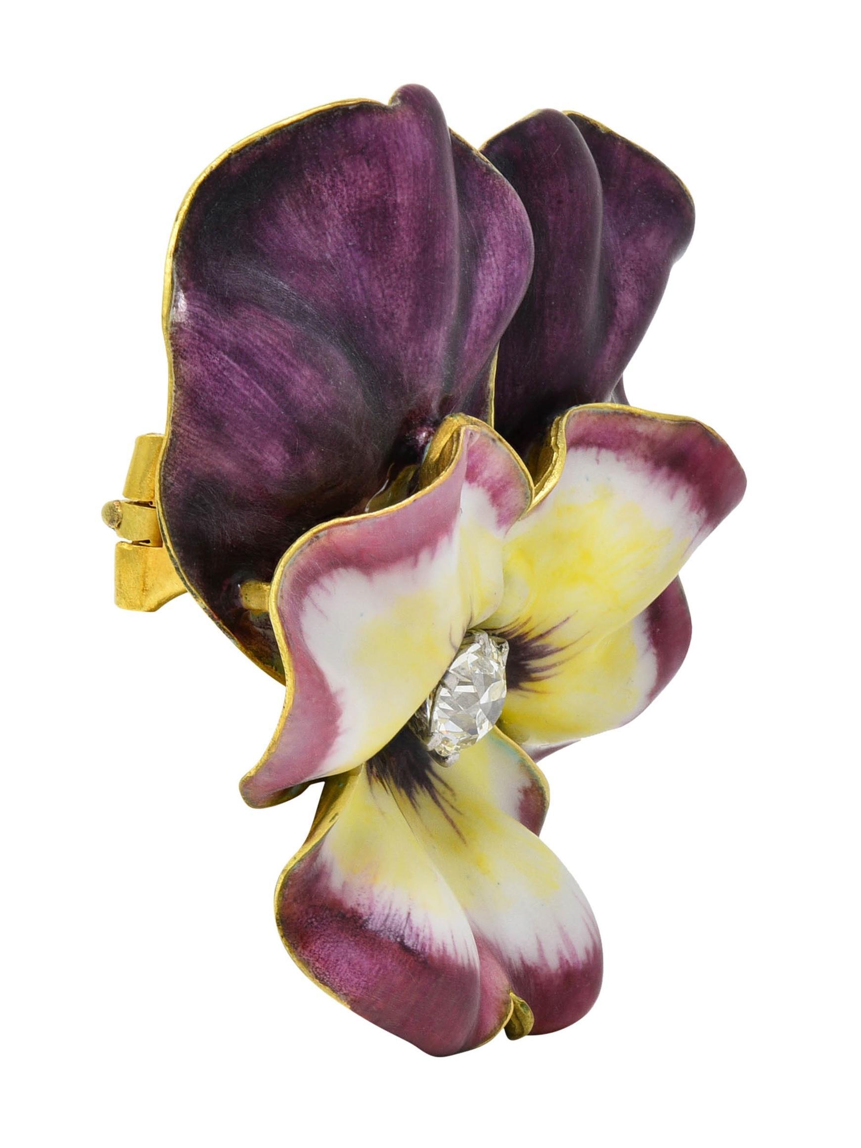 Tiffany & Co Nouveau Diamond Enamel 14K Gold Pansy Flower Antique Pendant Brooch For Sale 1