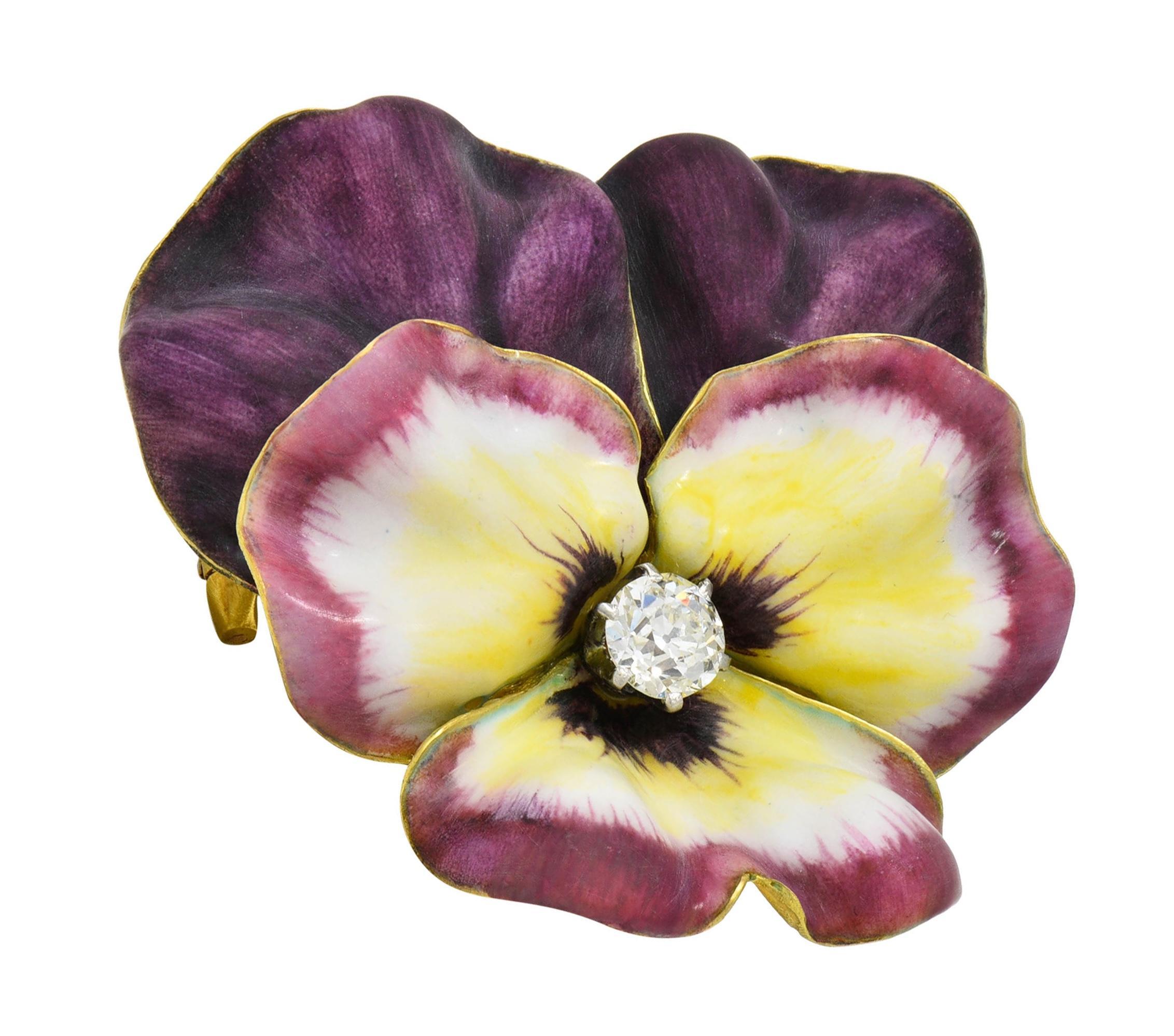 Tiffany & Co Nouveau Diamond Enamel 14K Gold Pansy Flower Antique Pendant Brooch For Sale 3