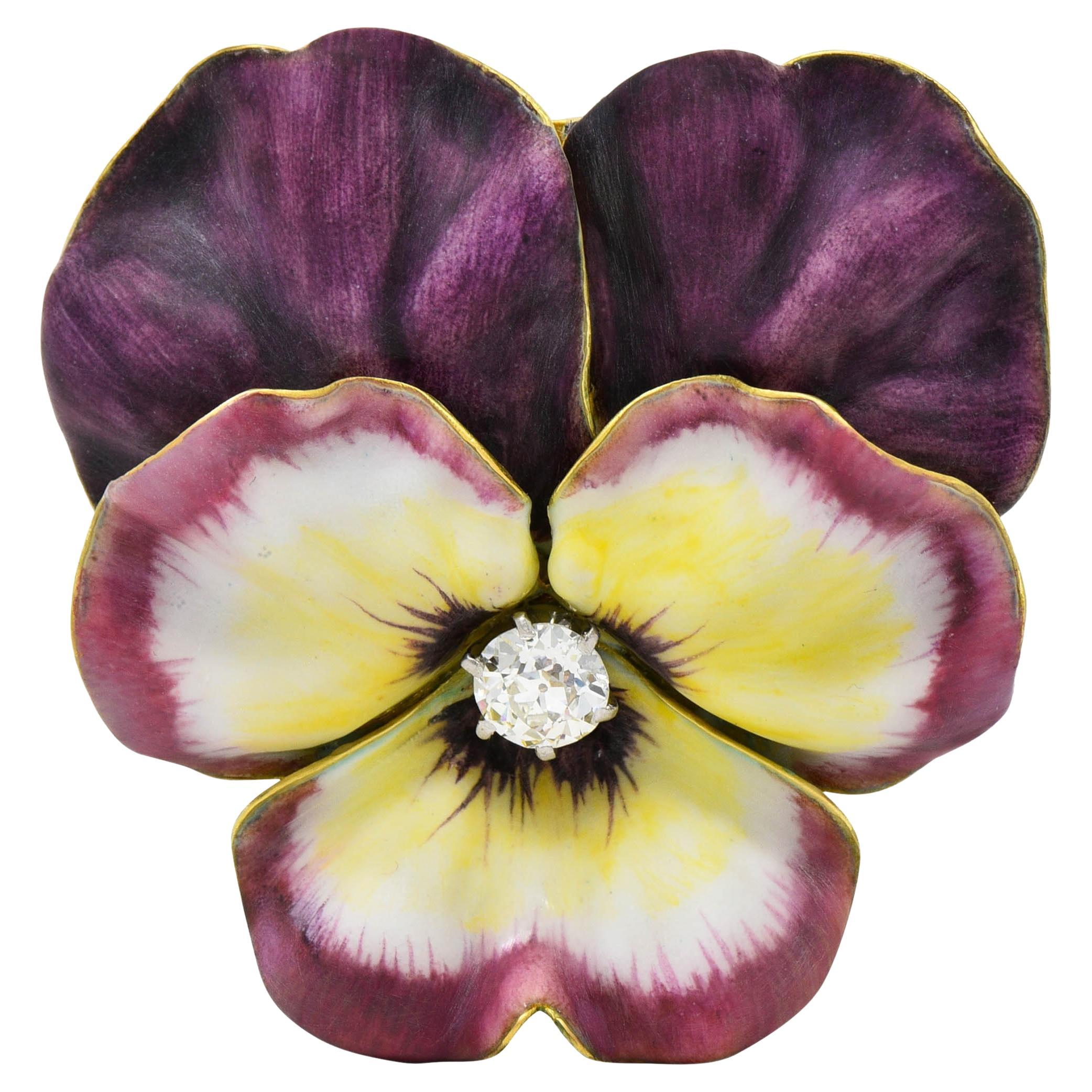 Tiffany & Co Nouveau Diamond Enamel 14K Gold Pansy Flower Antique Pendant Brooch