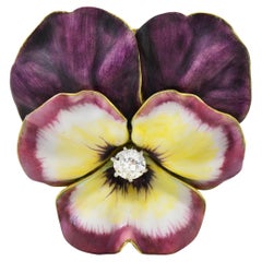 Broche Colgante Tiffany & Co Nouveau Esmalte Diamante Oro 14K Flor Pensamiento Antiguo