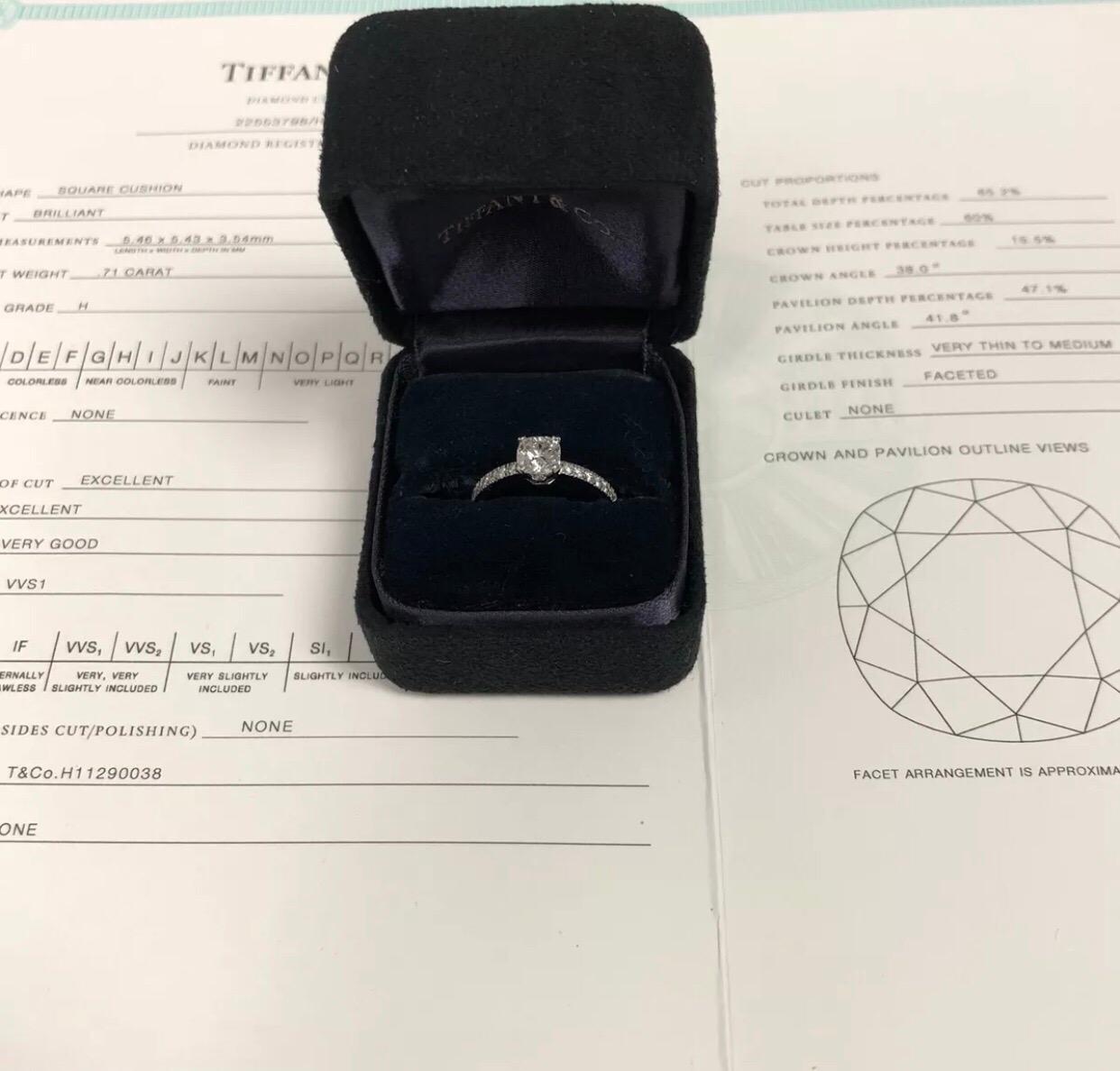 Cushion Cut Tiffany & Co. Nova Cushion 0.71 H VVS1 Carat Diamond Engagement Ring