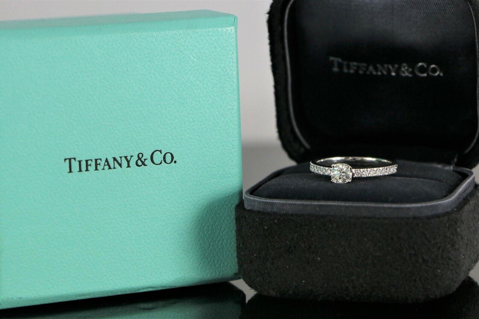 Romantic Tiffany & Co Novo 0.47 Cushion Diamond Platinum Engagement Ring For Sale