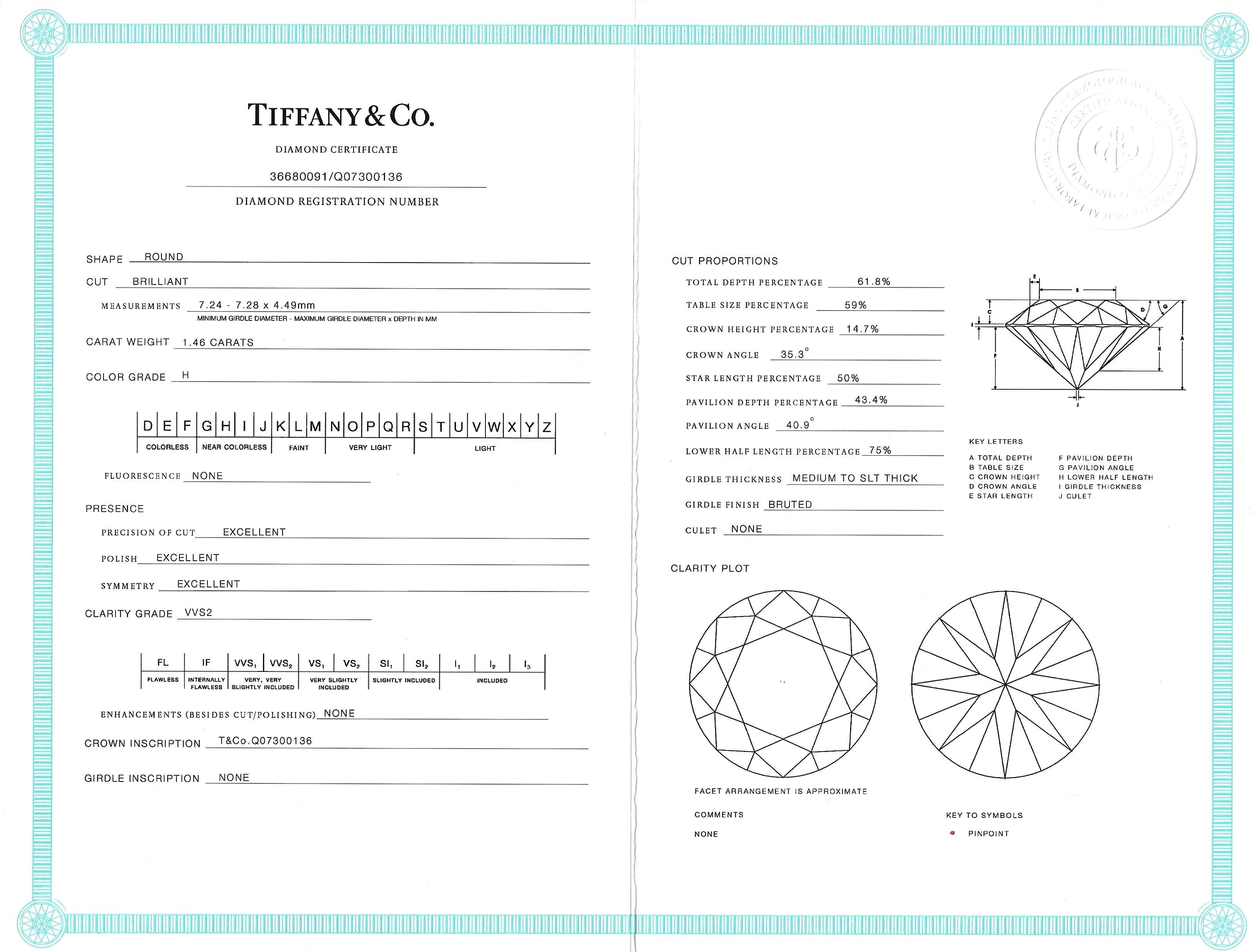 Tiffany & Co. Novo, bague de fiançailles solitaire en platine sertie de diamants de 1,46 carat en vente 8