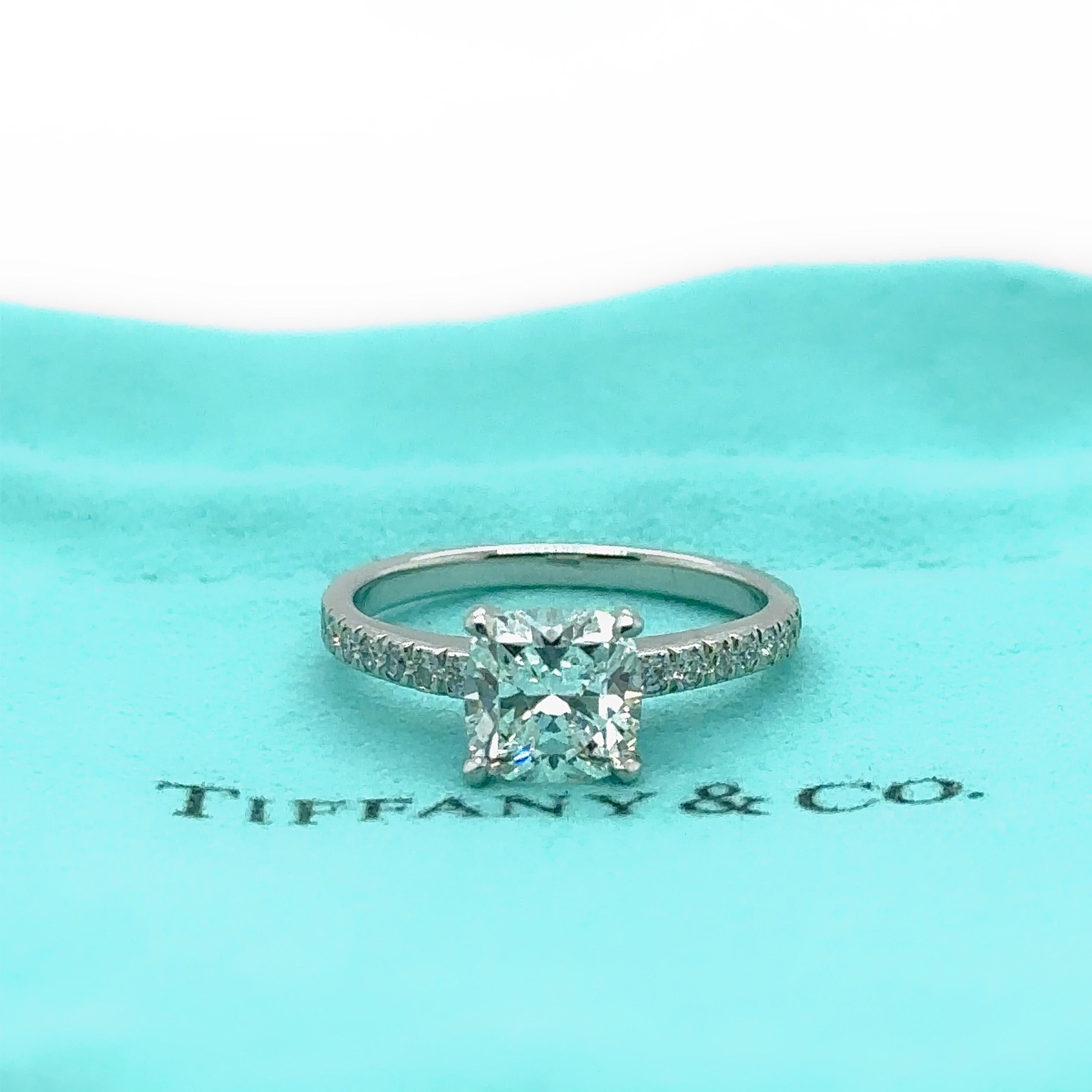 Tiffany & Co. Novo 1.47 Tcw Cushion Diamond Eng Ring Pave Diamond Platinum Band For Sale 3