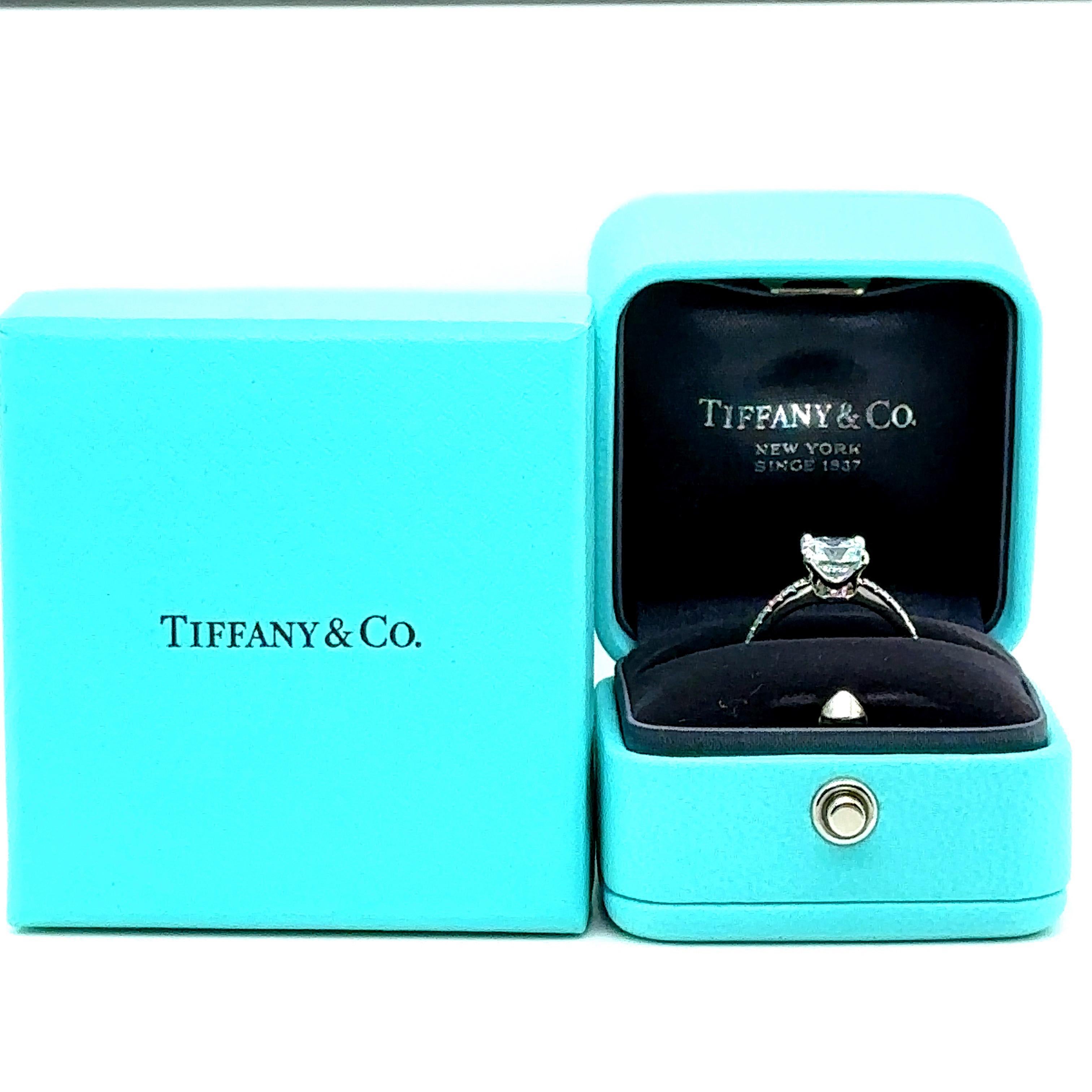 Cushion Cut Tiffany & Co. Novo 1.47 Tcw Cushion Diamond Eng Ring Pave Diamond Platinum Band For Sale