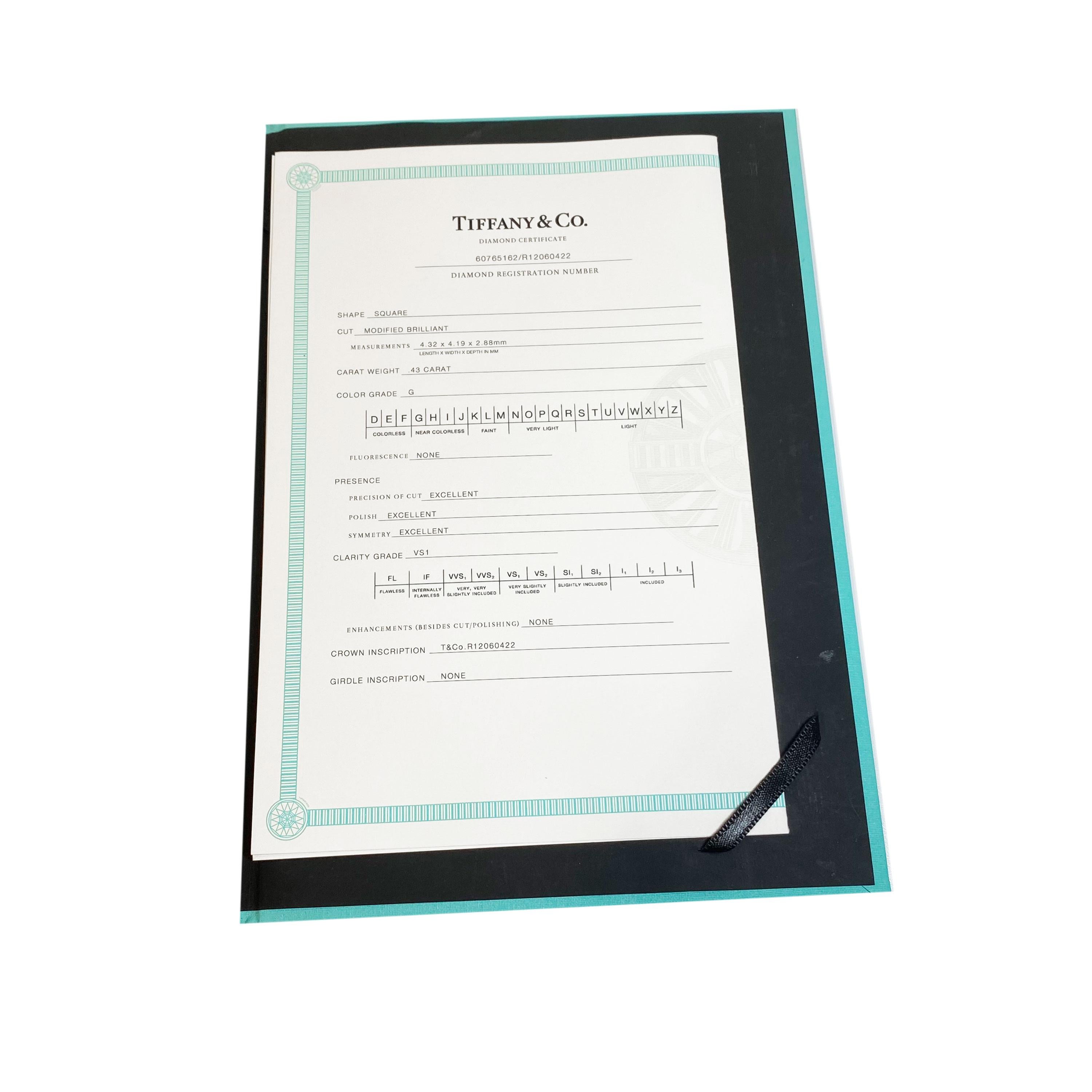 Tiffany & Co. Diamant-Verlobungsring aus Platin mit G VS1 0,59 Karat (Carréschliff)