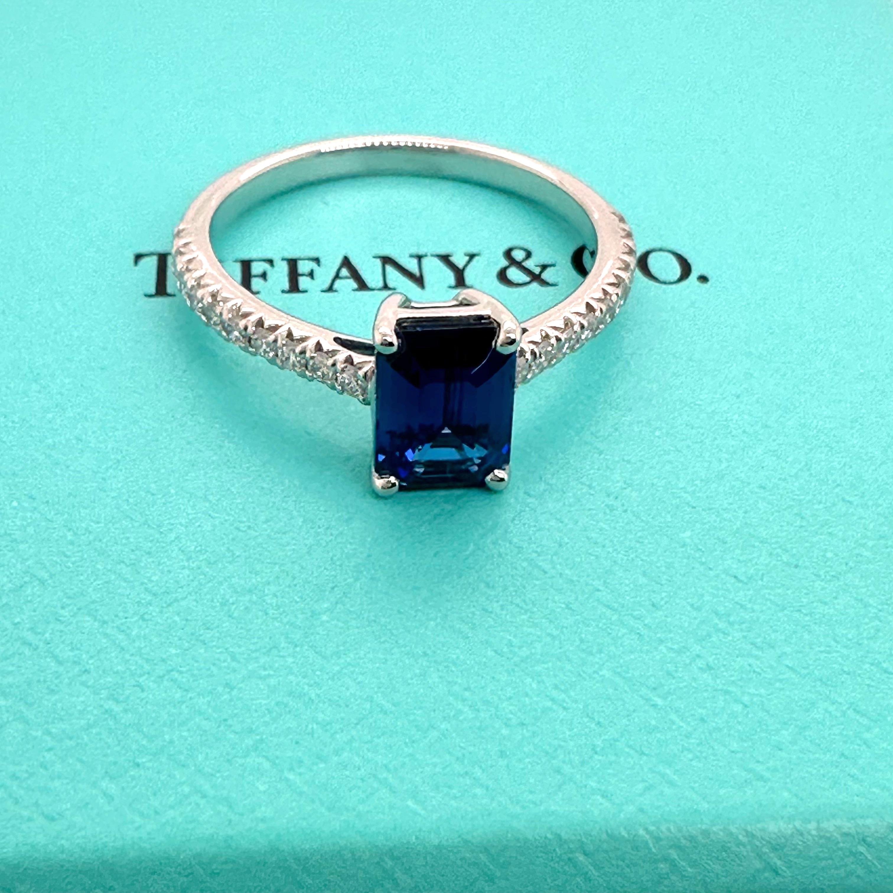 Tiffany & Co NOVO Emerald cut Blue Sapphire Ring with Pave Diamonds in Platinum 4