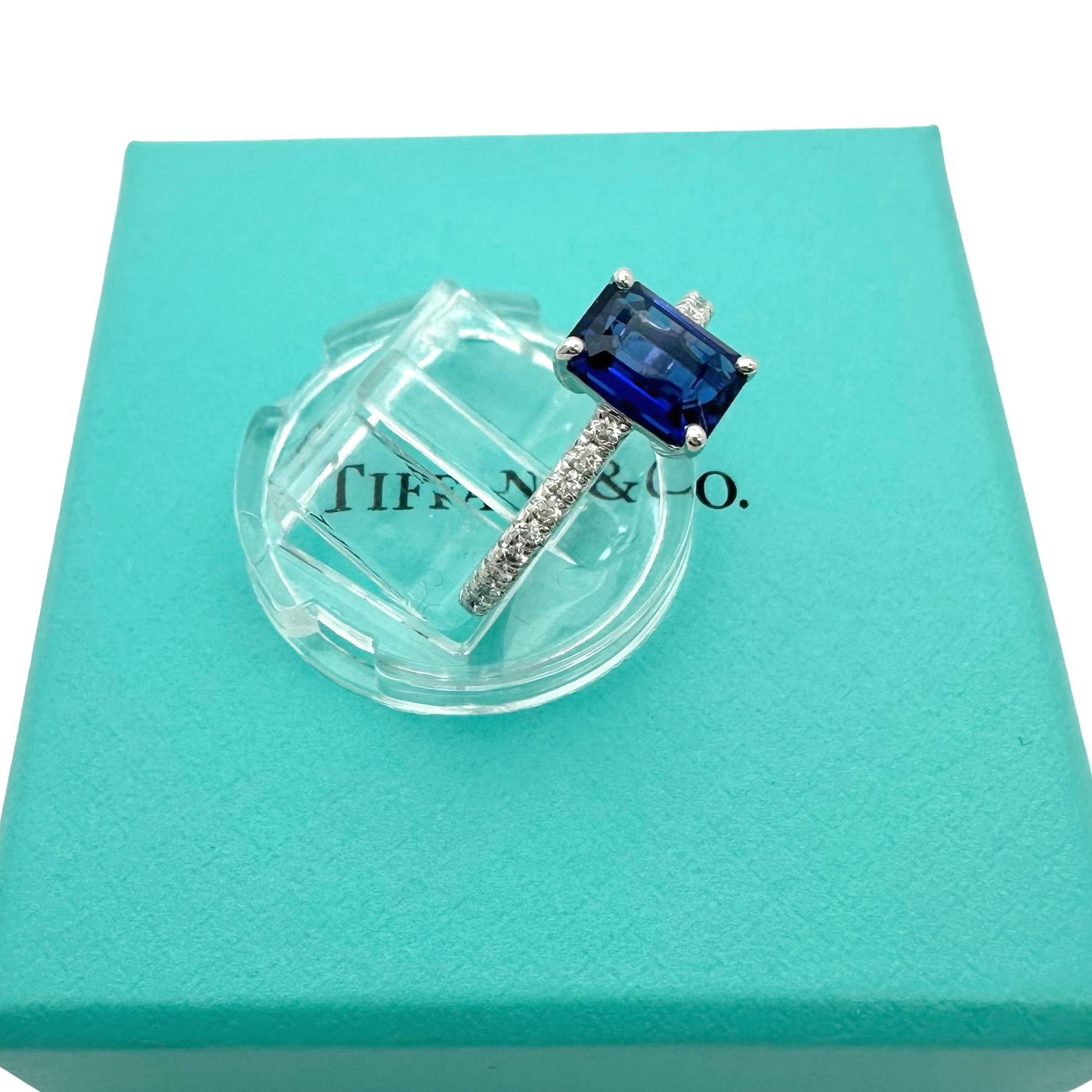 Tiffany & Co NOVO Emerald cut Blue Sapphire Ring with Pave Diamonds in Platinum 5