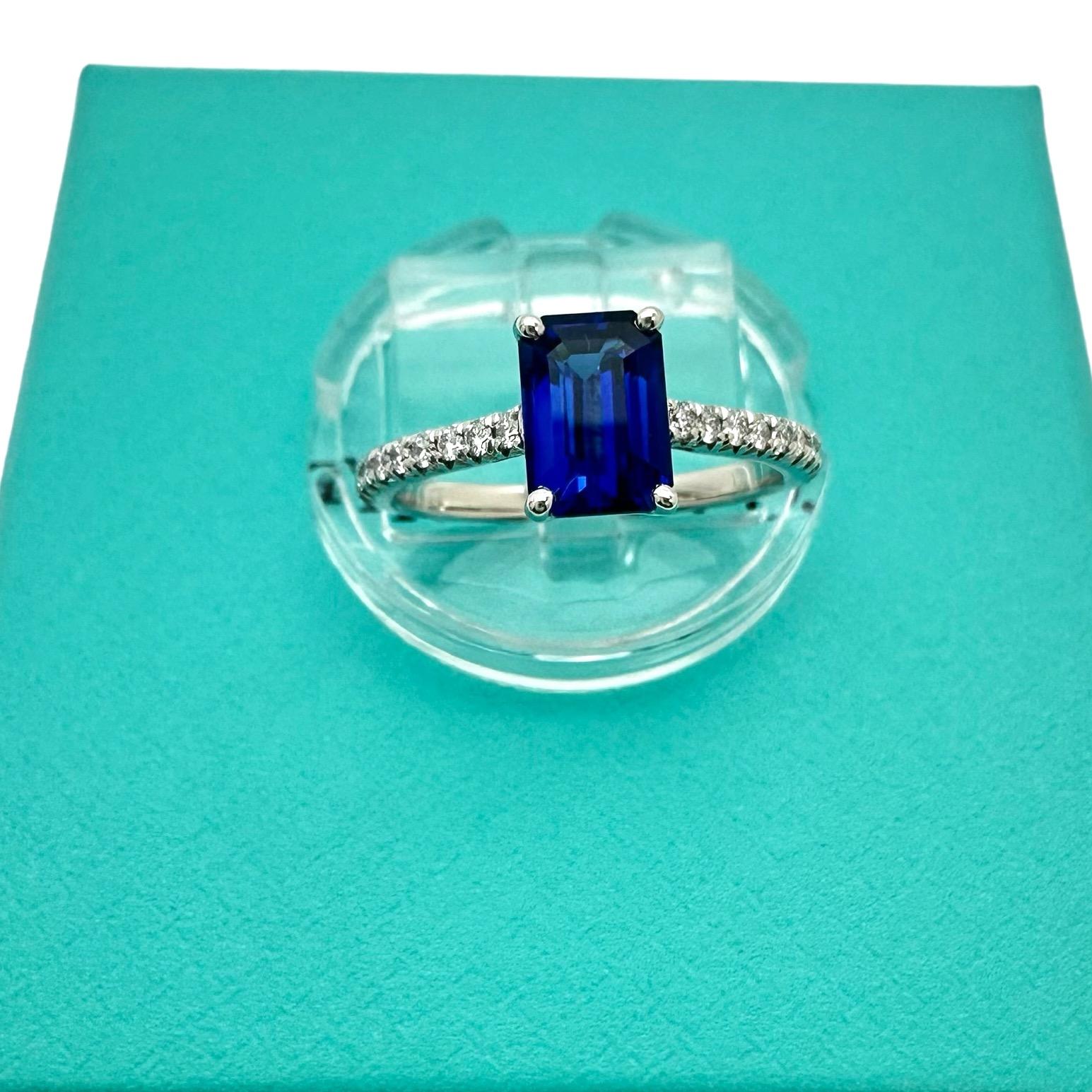 Tiffany & Co NOVO Emerald cut Blue Sapphire Ring with Pave Diamonds in Platinum 6