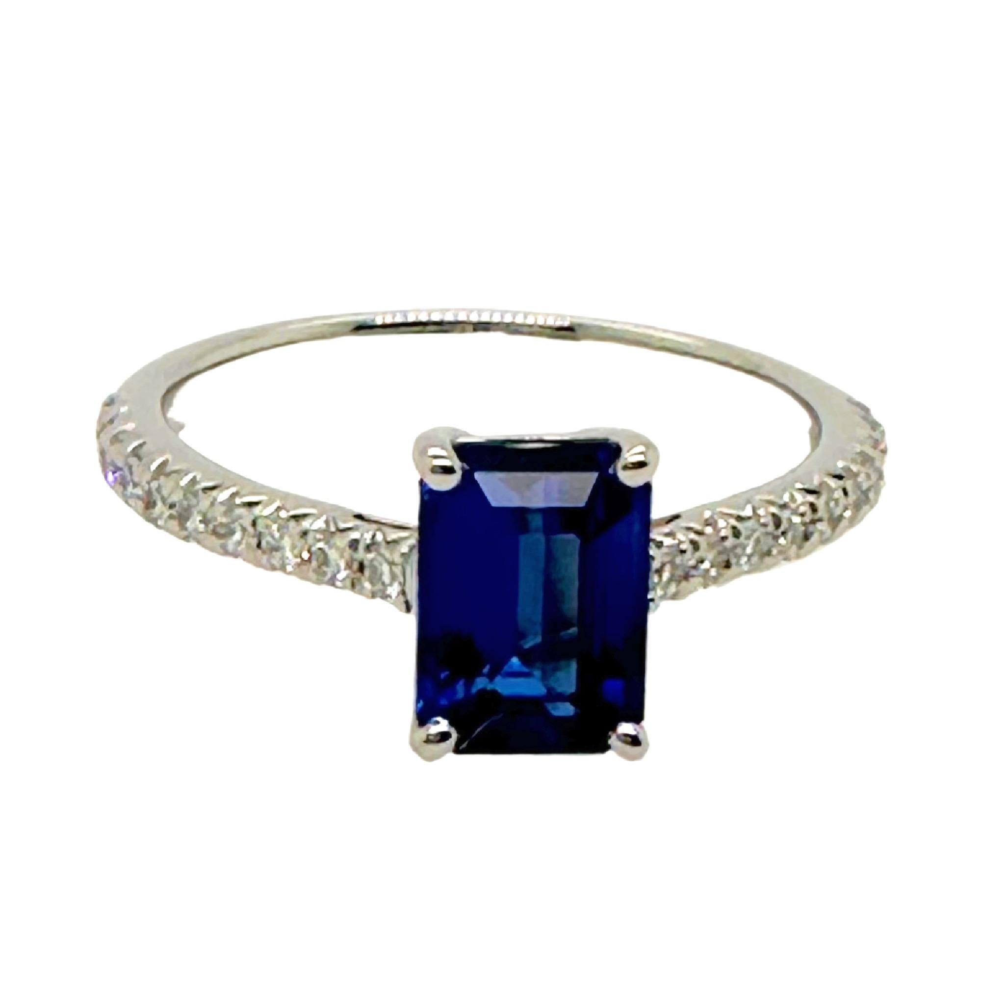 Tiffany & Co. NOVO Sapphire & Diamond Engagement Ring
Style:  NOVO with Pave Diamonds
Ref. number:  74010431
Metal:  Platinum PT950
Size:  5.75 sizable
Band Width:  1.9 MM
TCW:  ~ 1.67 tcw
Main Stone:  Emerald-cut Blue Sapphire 
Accent Diamonds:  