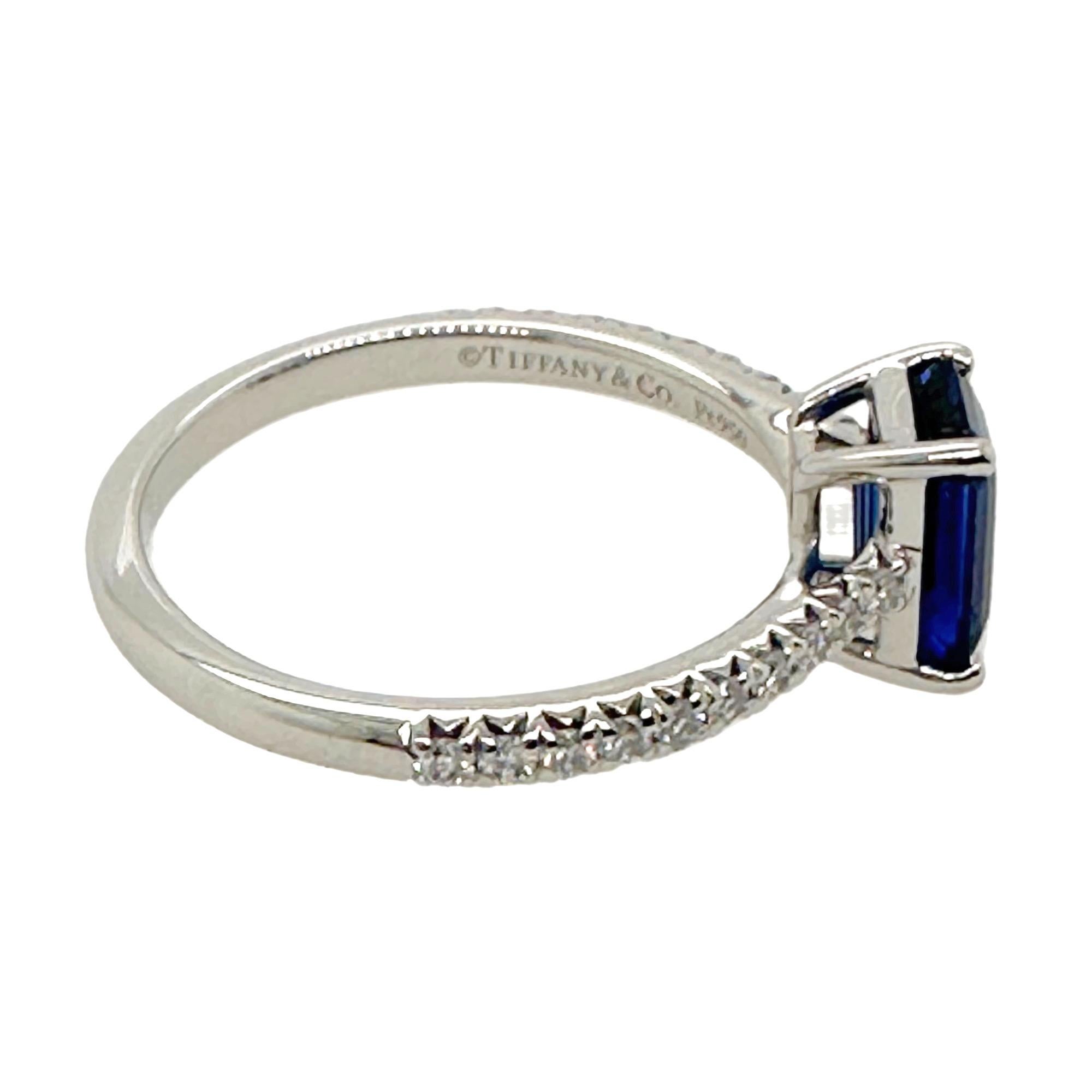 Women's Tiffany & Co NOVO Emerald cut Blue Sapphire Ring with Pave Diamonds in Platinum