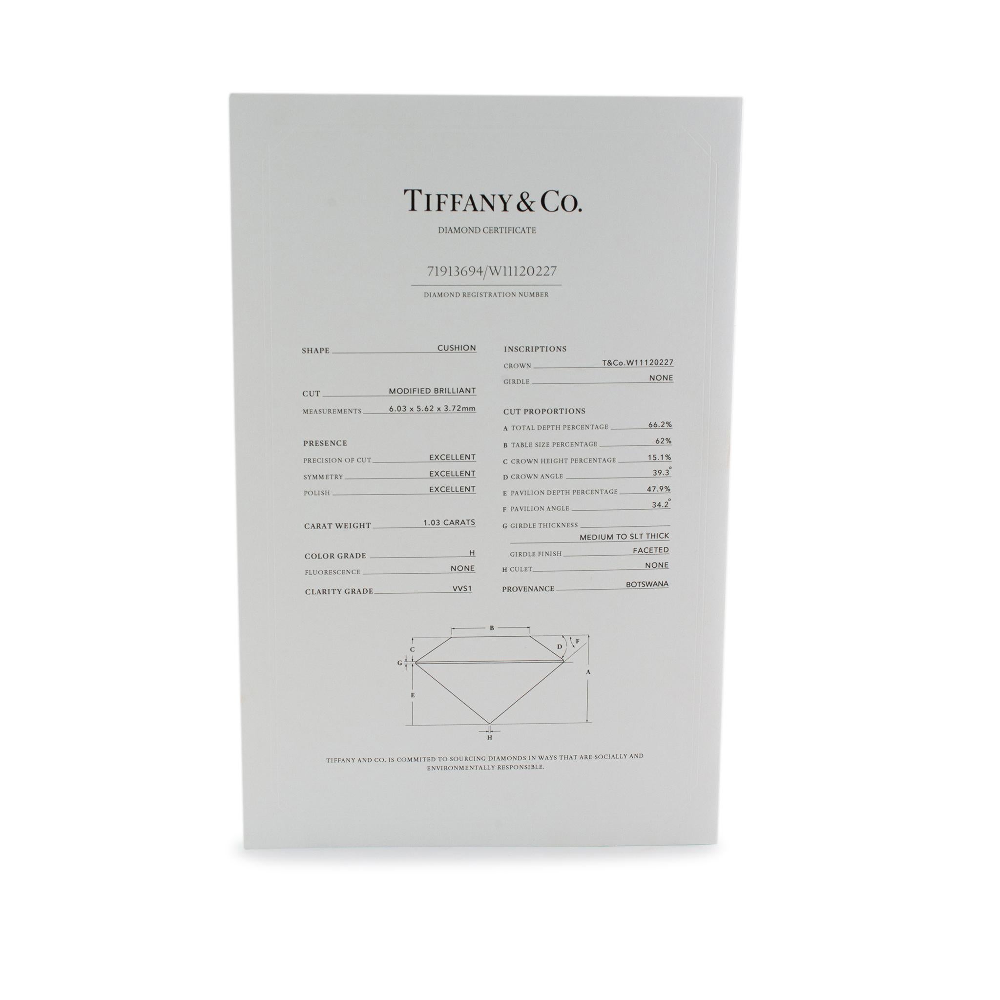 Tiffany & Co. Novo Platin 1,03 Karat Kissenschliff H VVS1 Diamant-Verlobungsring 6