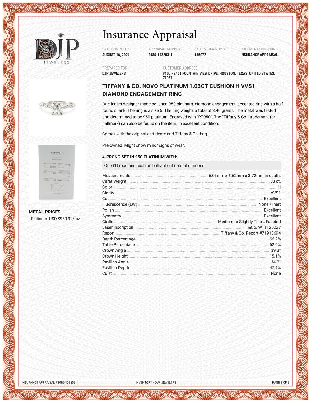 Tiffany & Co. Novo Platin 1,03 Karat Kissenschliff H VVS1 Diamant-Verlobungsring 7