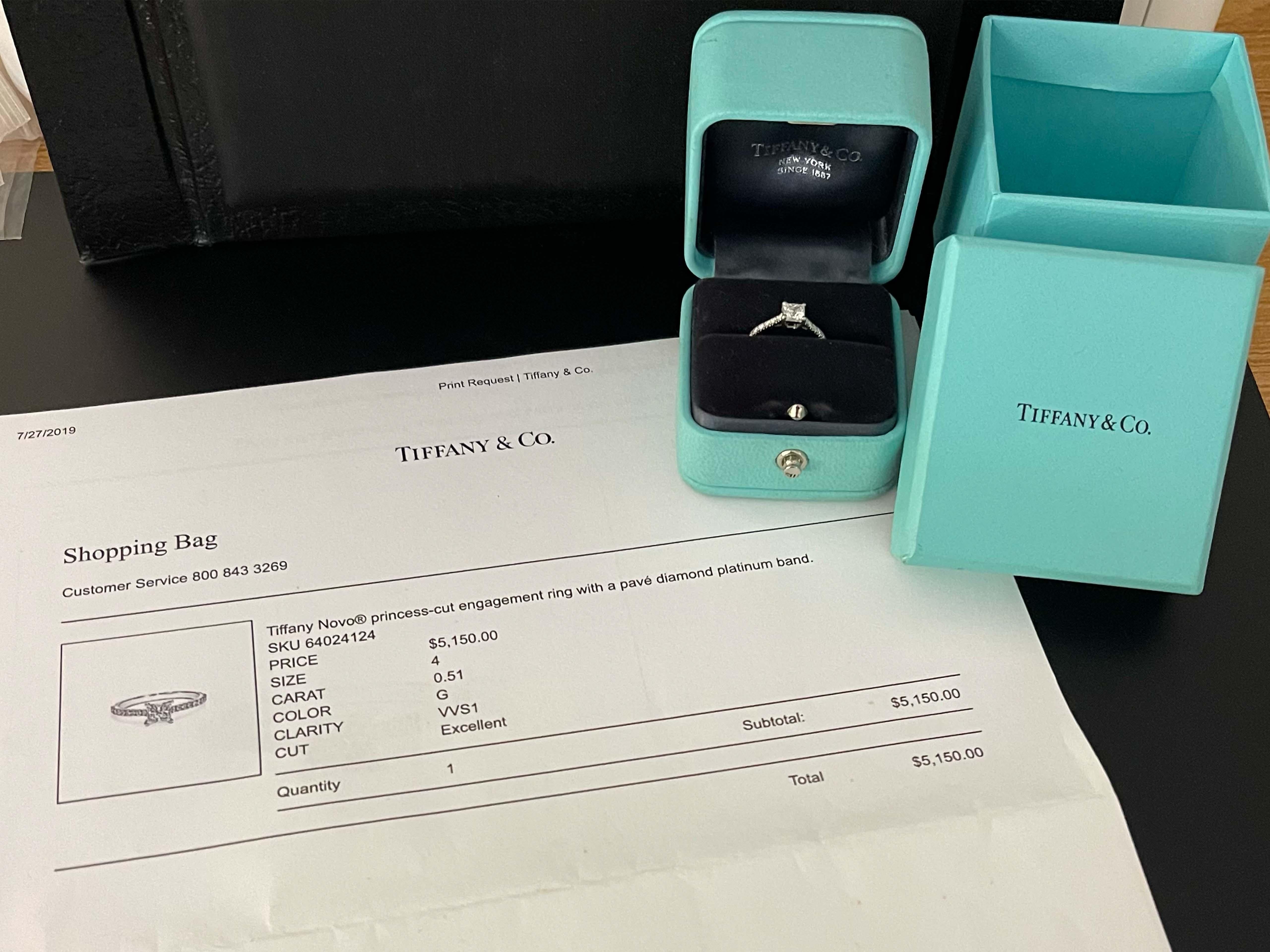 Moderne Tiffany & Co. Novo Bague de fiançailles taille princesse en platine, G VVS1 0,51 carat en vente