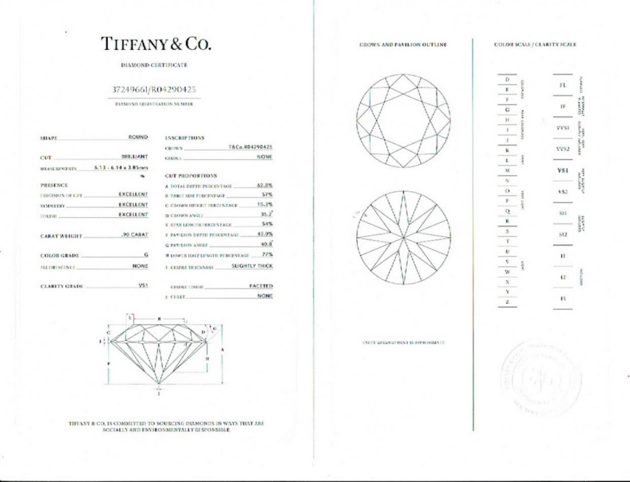 TIFFANY & CO NOVO Diamant-Verlobungsring
T&C Diamant-Zertifikat:  37249661/R04290425
Metall:  Platin PT950
Größe:  7.25 
TCW:  1,10 tcw
Hauptdiamant:  Runder Brillant-Diamant 0,90 Karat
Farbe & Klarheit:  G - VS1
Akzent-Diamanten:   20 runde