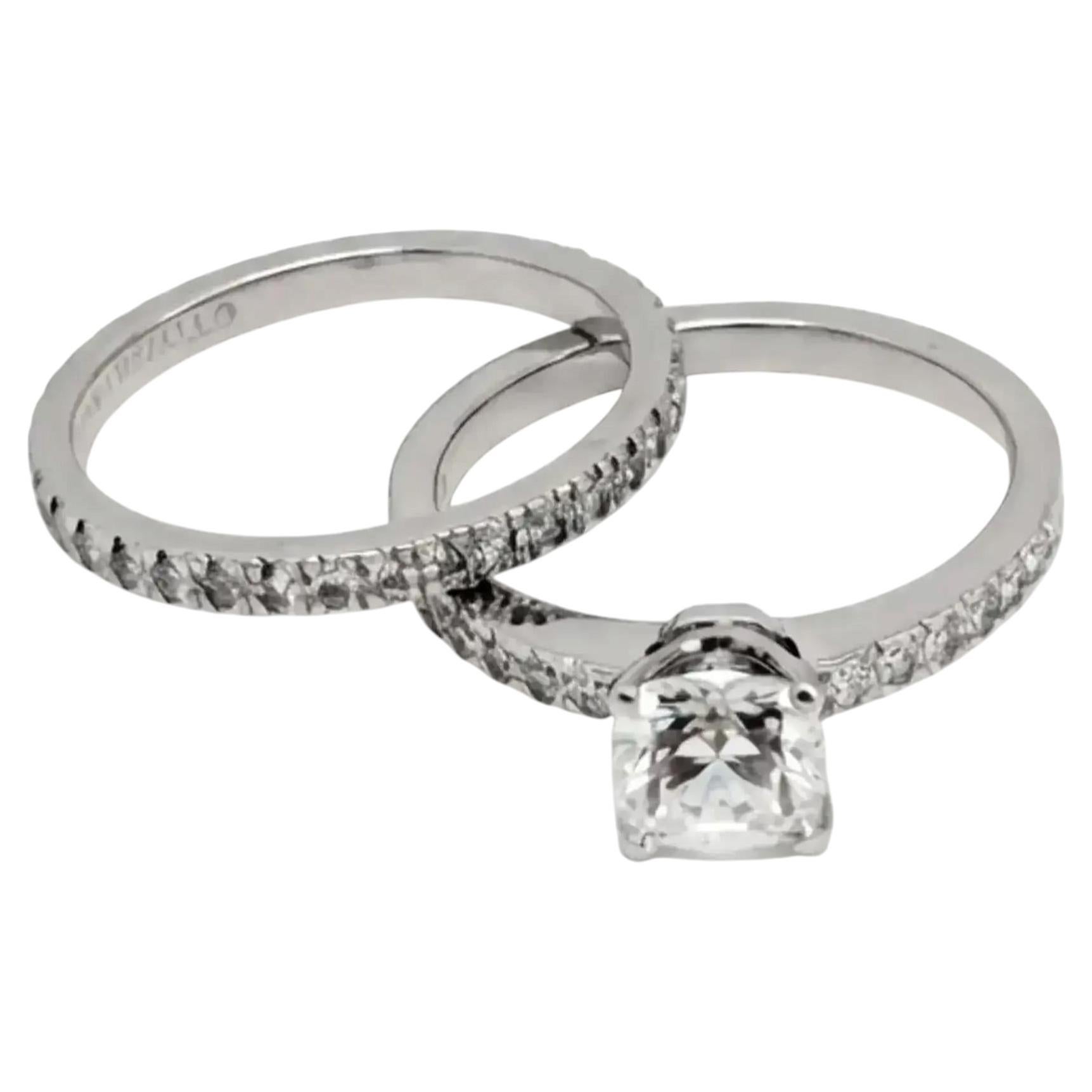 Tiffany & Co. NOVO Square Cushion Diamond Engagement Ring Set Platinum 0.90Ctw For Sale