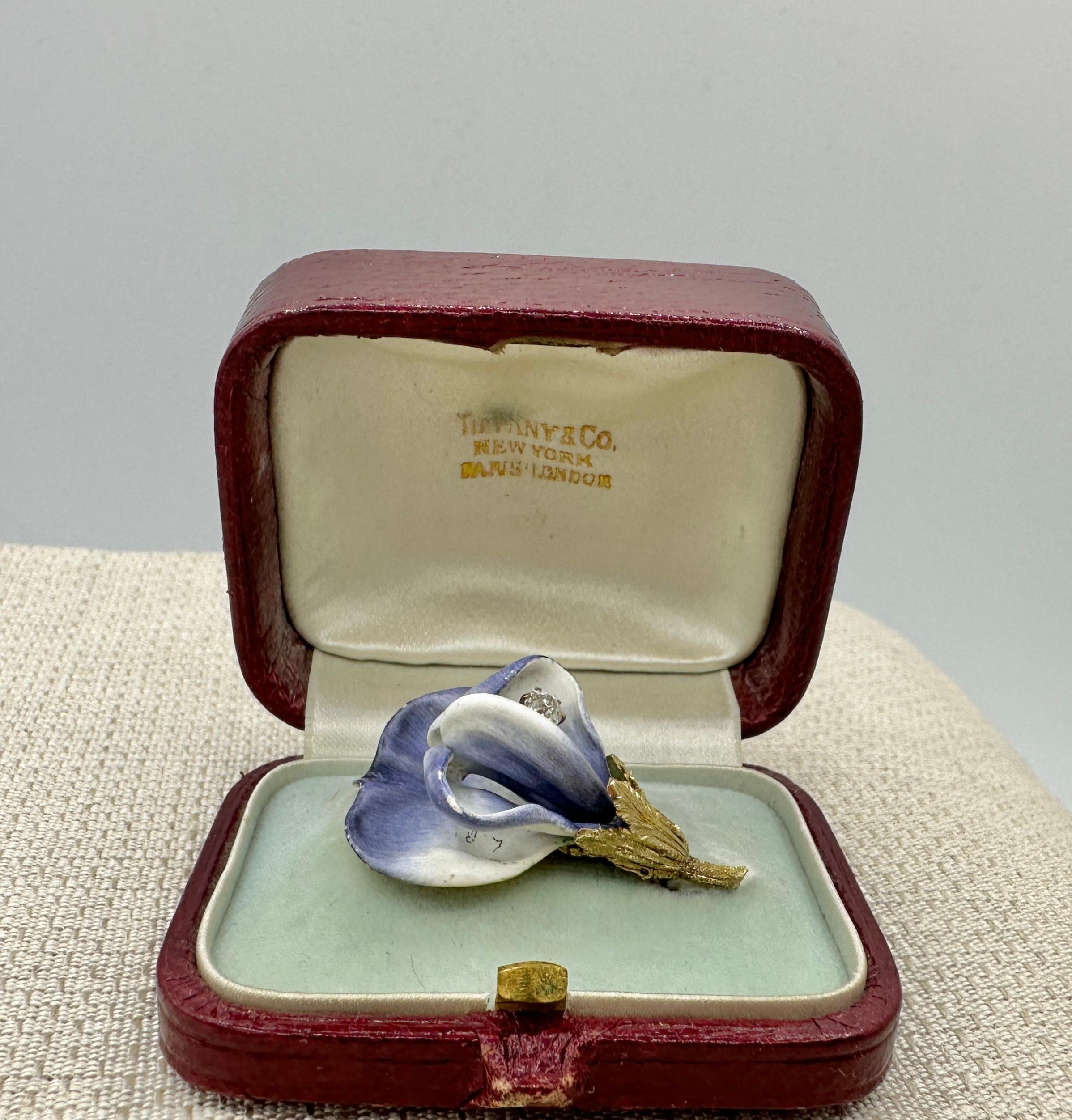 Art Nouveau Tiffany & Co. Old Mine Diamond Enamel Flower Lily Brooch Pin 1900 Antique Gold For Sale