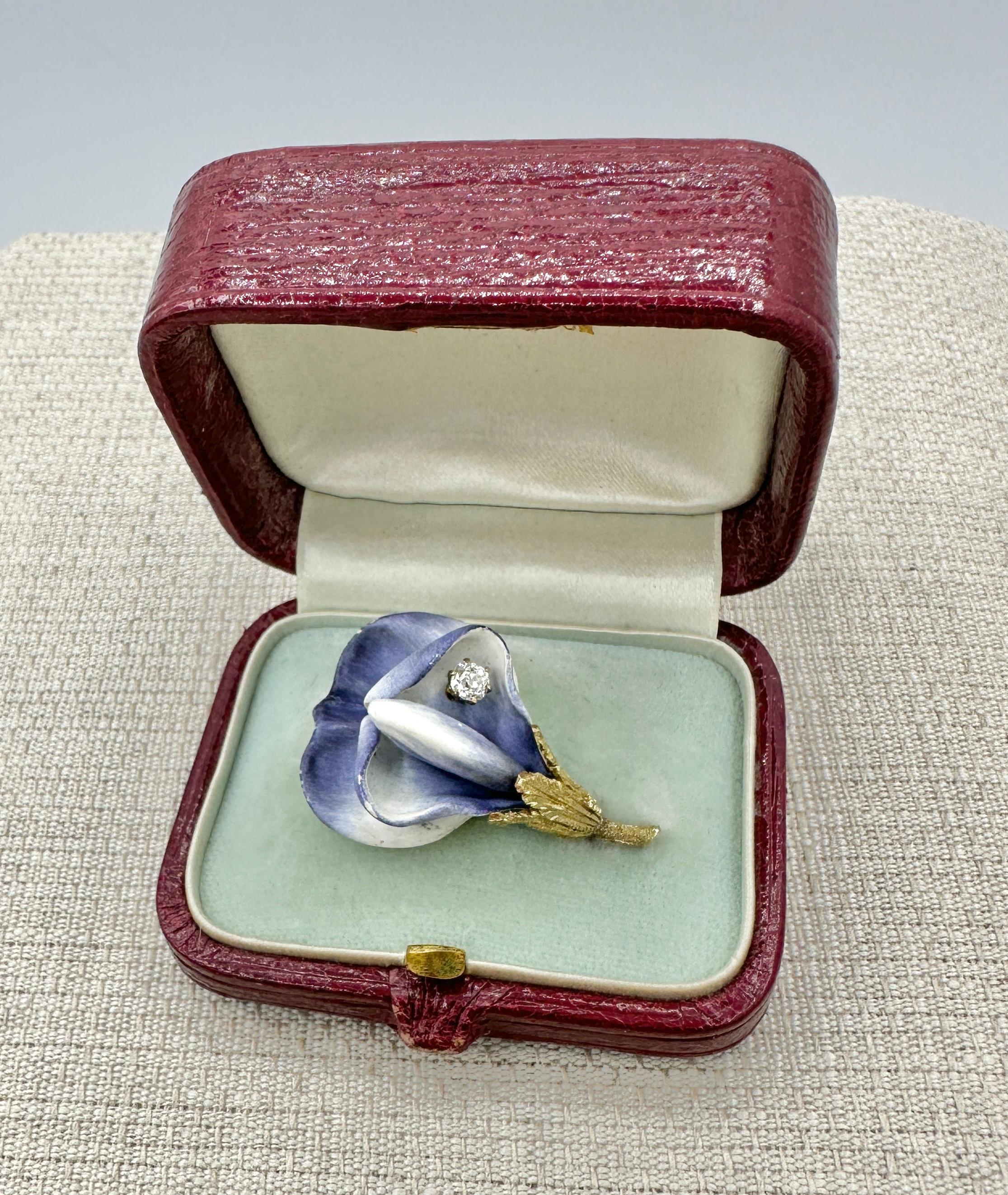 Art Nouveau Tiffany & Co. Old Mine Diamond Enamel Flower Lily Brooch Pin 1900 Antique Gold For Sale