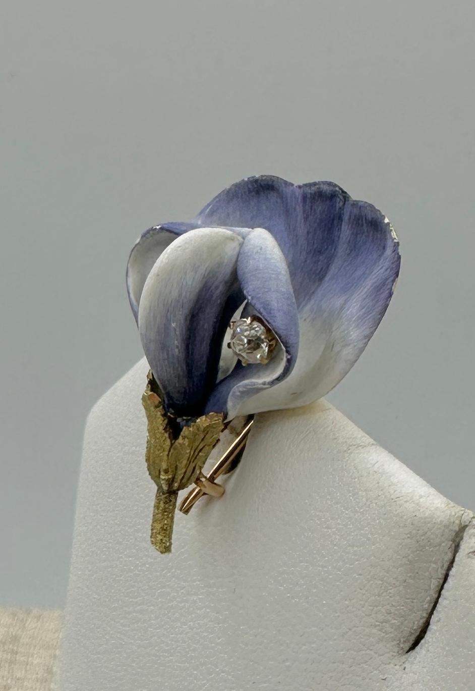 Women's or Men's Tiffany & Co. Old Mine Diamond Enamel Flower Lily Brooch Pin 1900 Antique Gold For Sale