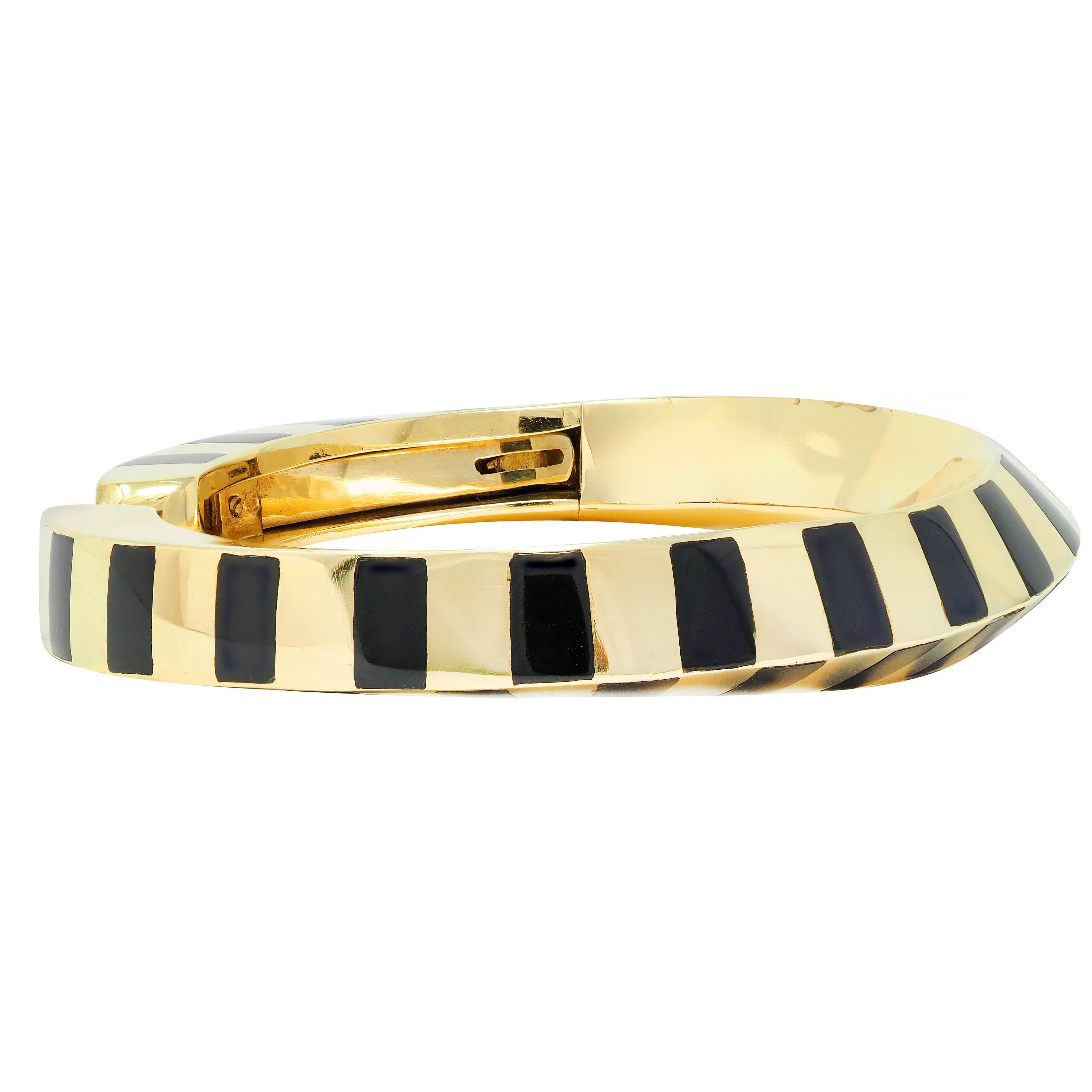 Square Cut Tiffany & Co. Onyx 18 Karat Yellow Gold Twisted Stripe Vintage Bangle Bracelet For Sale