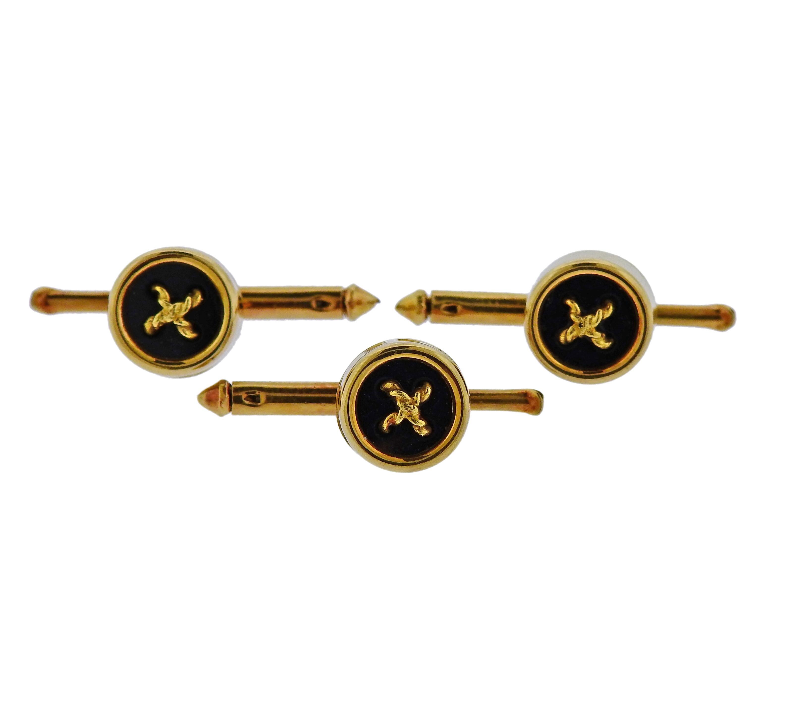 18k yellow gold cufflinks and studs button set , crafted by Tiffany & Co, set with onyx. Cufflink top i 15mm in diameter, stud - 10mm, total weight is 18.5 grams. Marked Tiffany & Co 18k, 