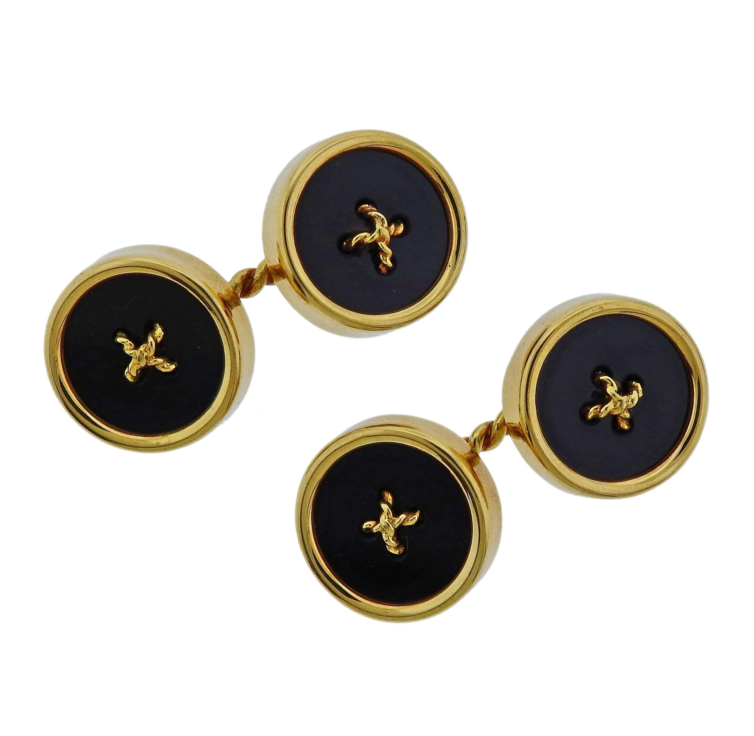Tiffany & Co. Onyx Gold Button Cufflinks Studs Set 1
