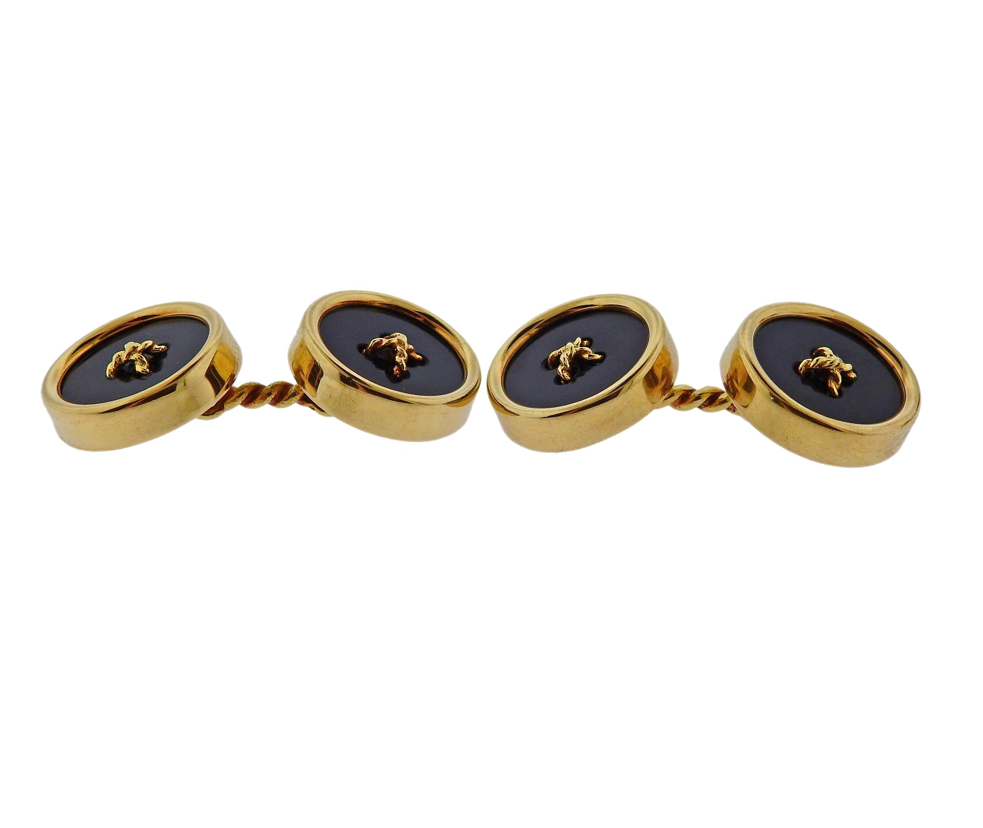 Tiffany & Co. Onyx Gold Button Cufflinks Studs Set 2