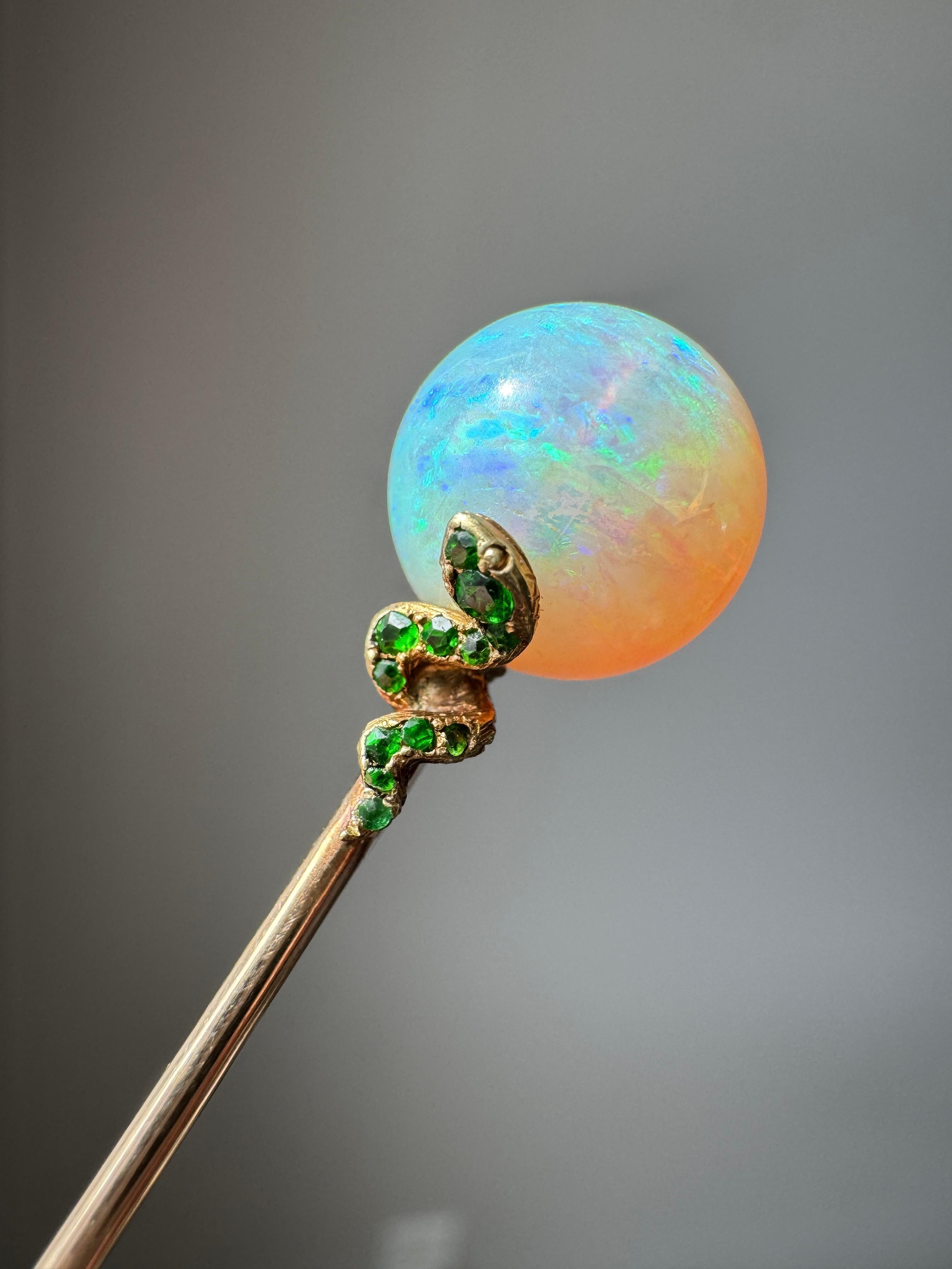 Ball Cut Tiffany & Co. Opal and Demantoid Snake Stick Pin For Sale